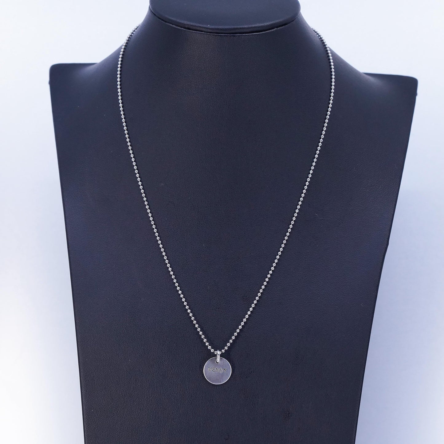 18”, Sterling 925 silver handmade bead chain necklace with name Wendy pendant