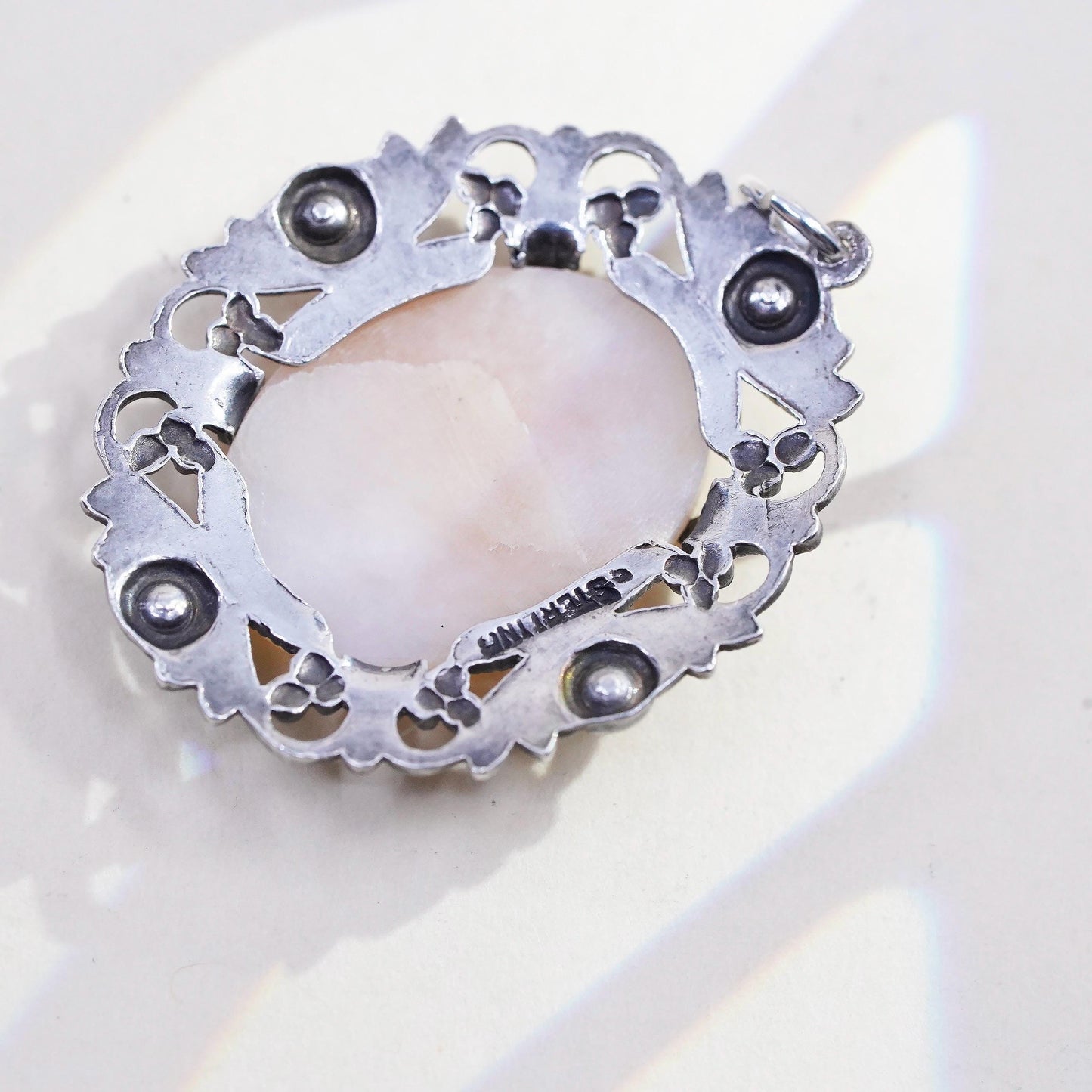 VTG Sterling 925 silver pendant mother of pearl cameo lady cluster marcasites