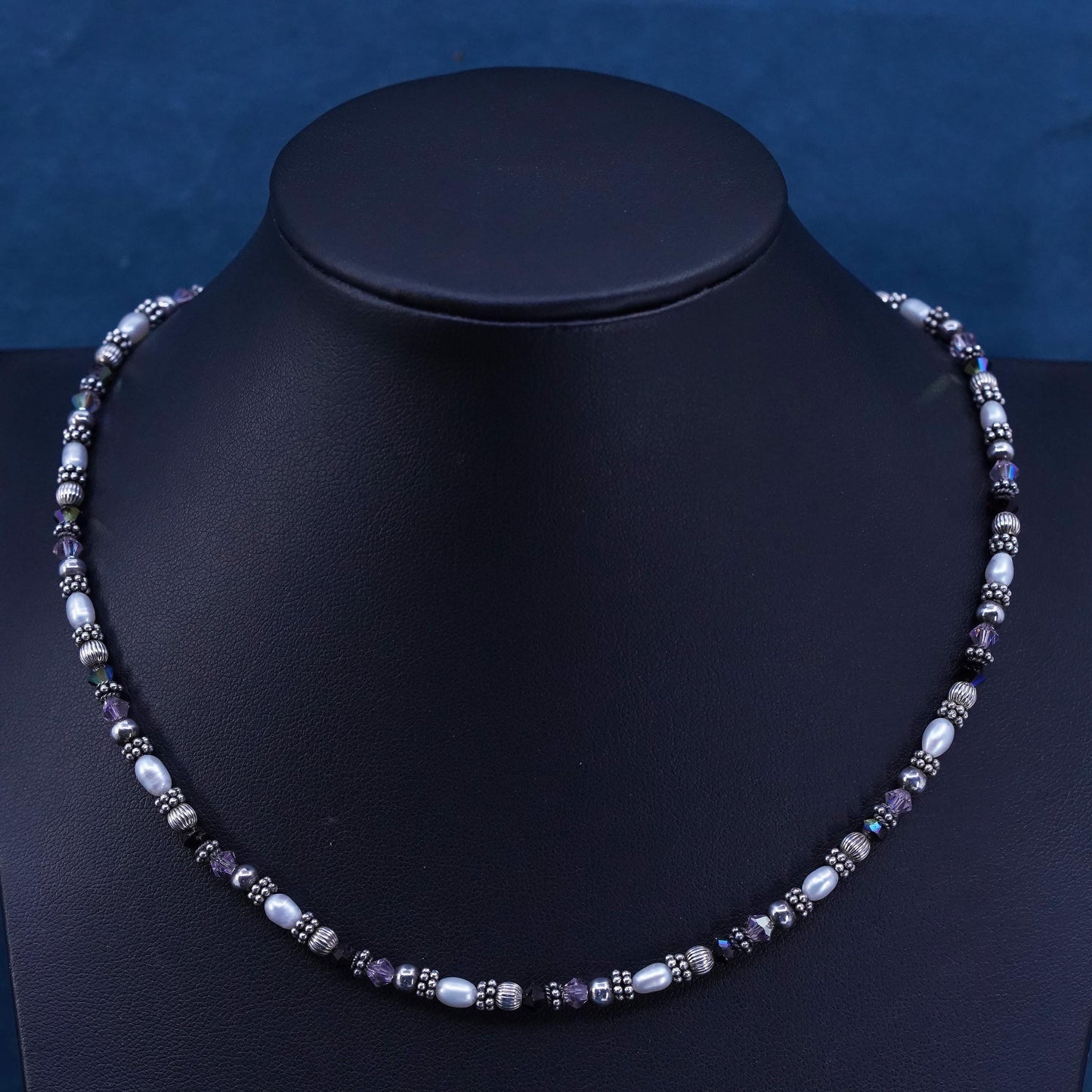 16+2", VTG Sterling 925 silver necklace with freshwater pearl and crystal beads
