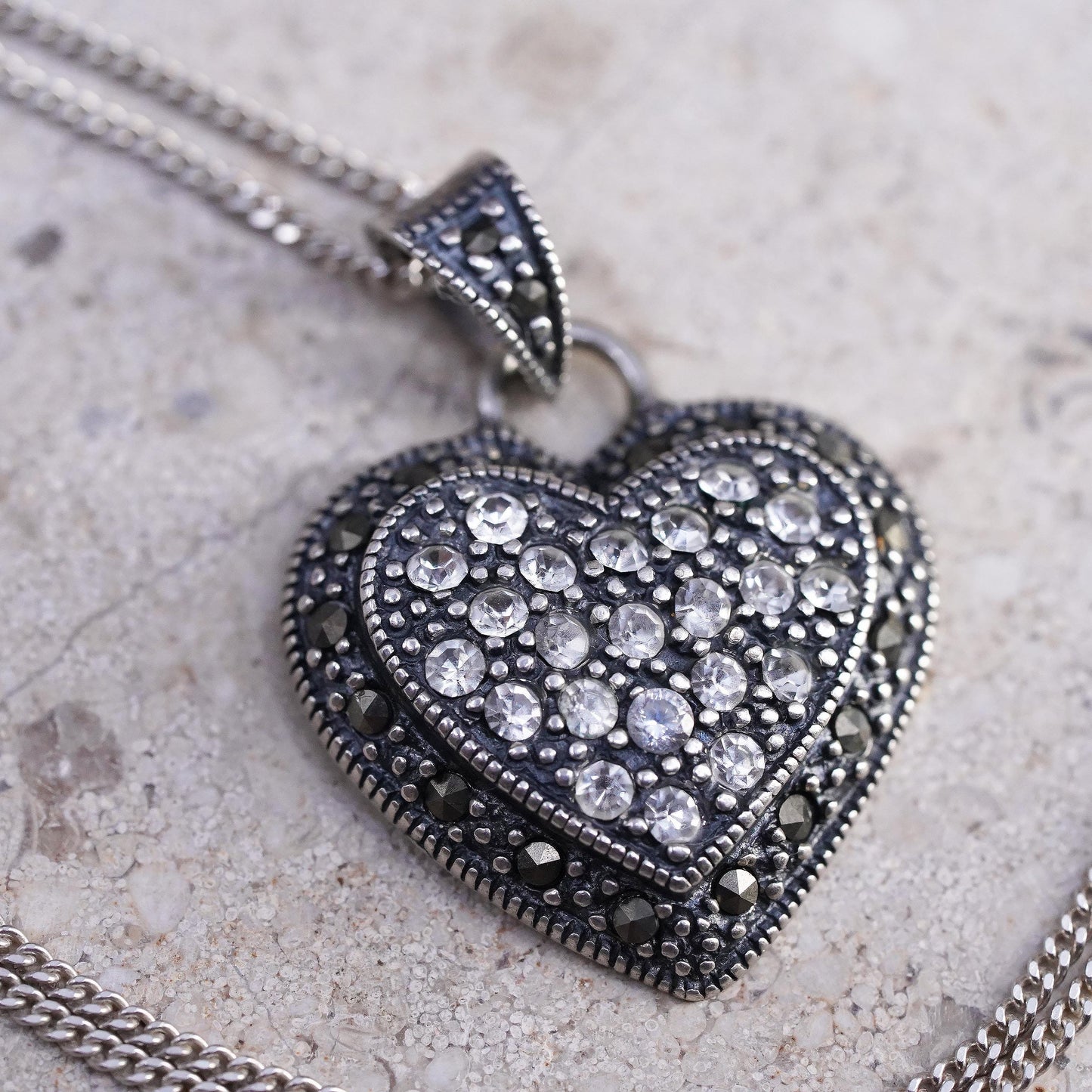 18", VTG Sterling silver necklace, 925 curb chain marcasite cz heart pendant