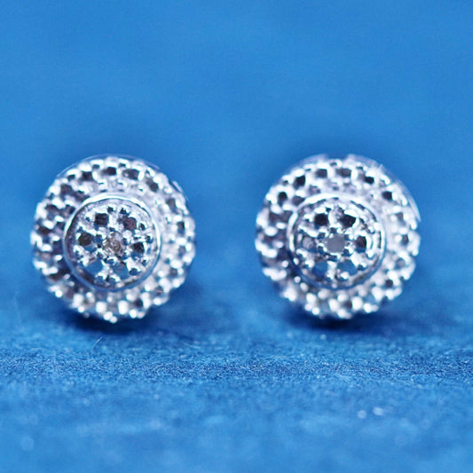 Vintage sterling silver handmade earrings, 925 studs with cluster diamond inlay