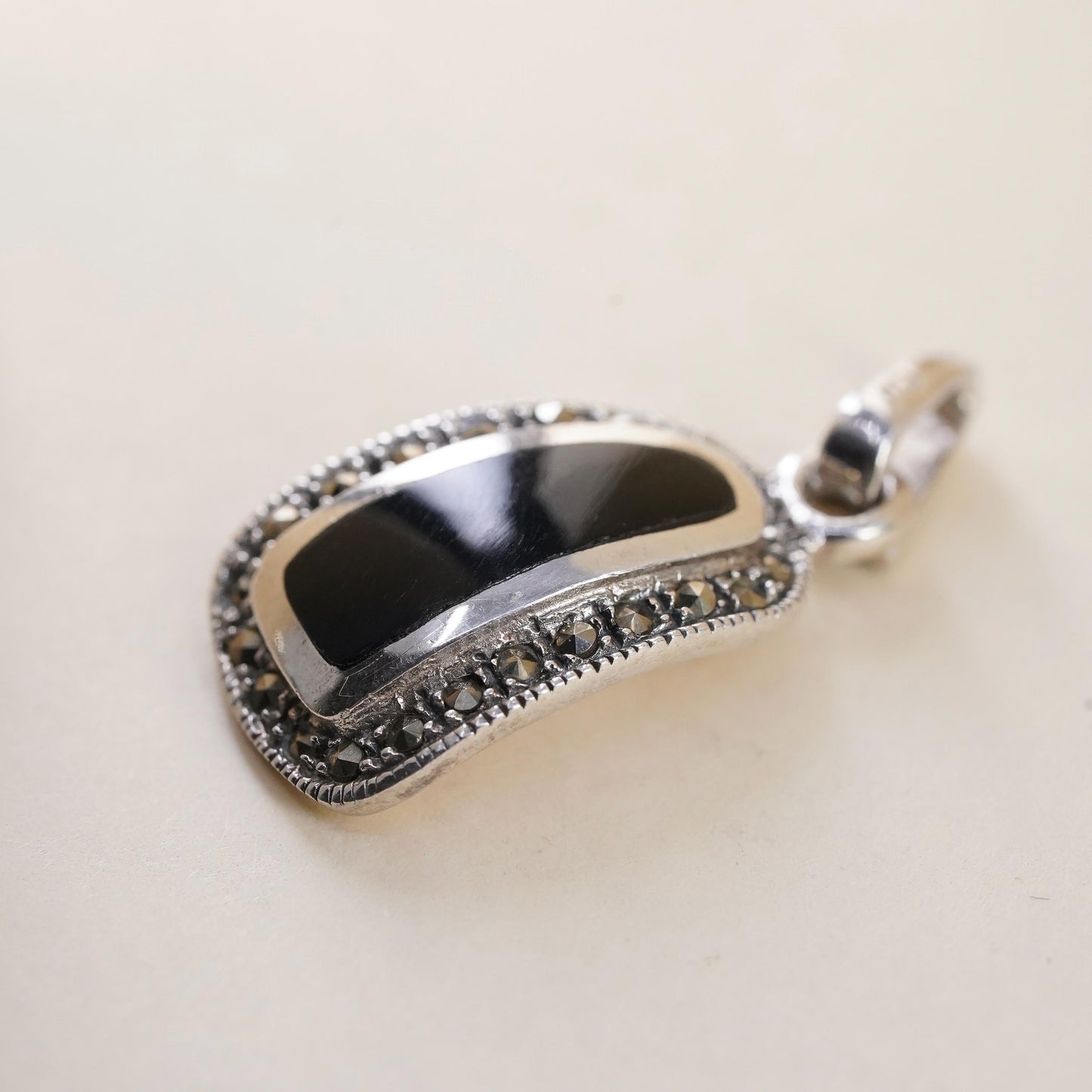 handmade sterling 925 silver pendant with black onyx inlay marcasite details