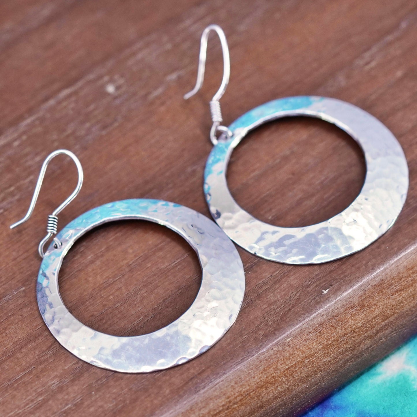 Vintage sterling silver handmade earrings, 925 hammered circle shaped drops