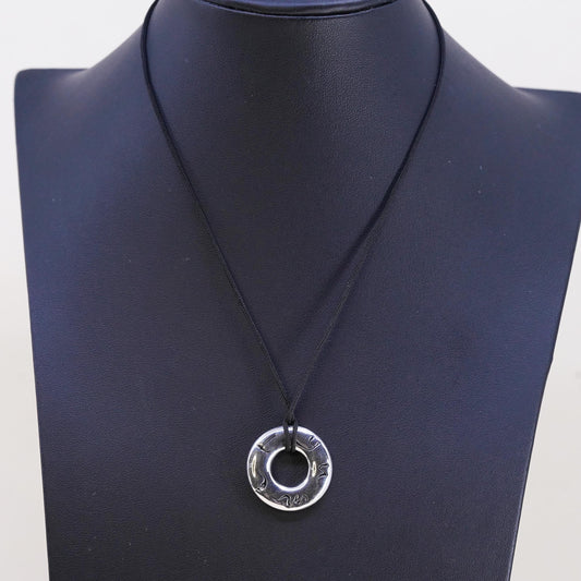 16”, BJ Sterling Silver 925 Donut Pendant Necklace, Circle Pendant Linen Cord