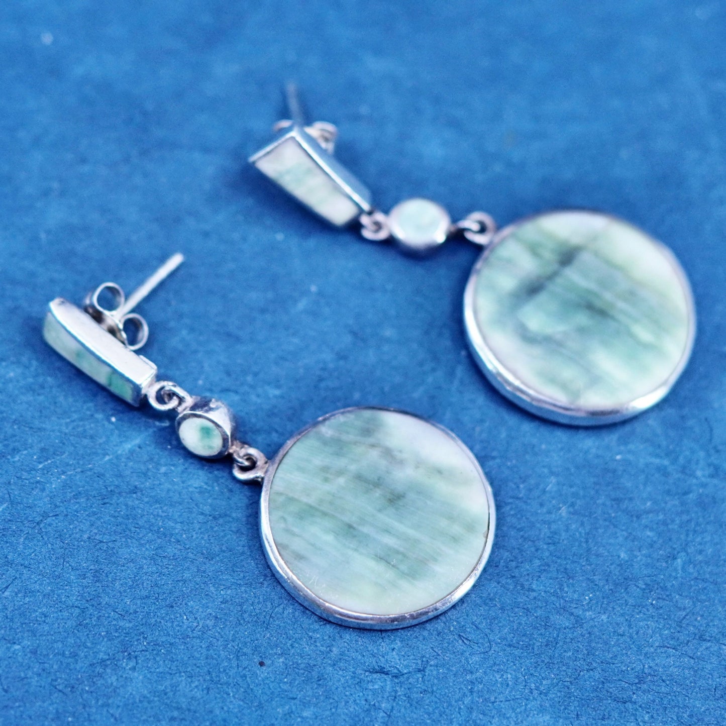 Vintage Sterling 925 silver handmade earrings with round jadeite
