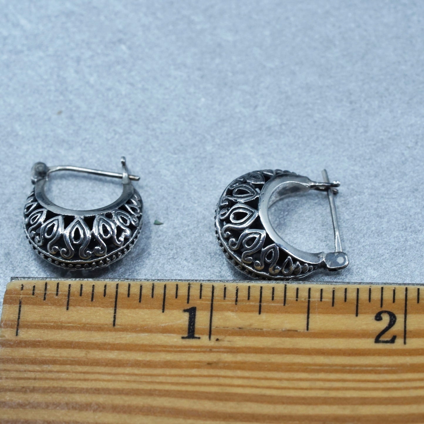 0.5”, vintage Sterling silver handmade earrings, 925 filigree huggie hoops