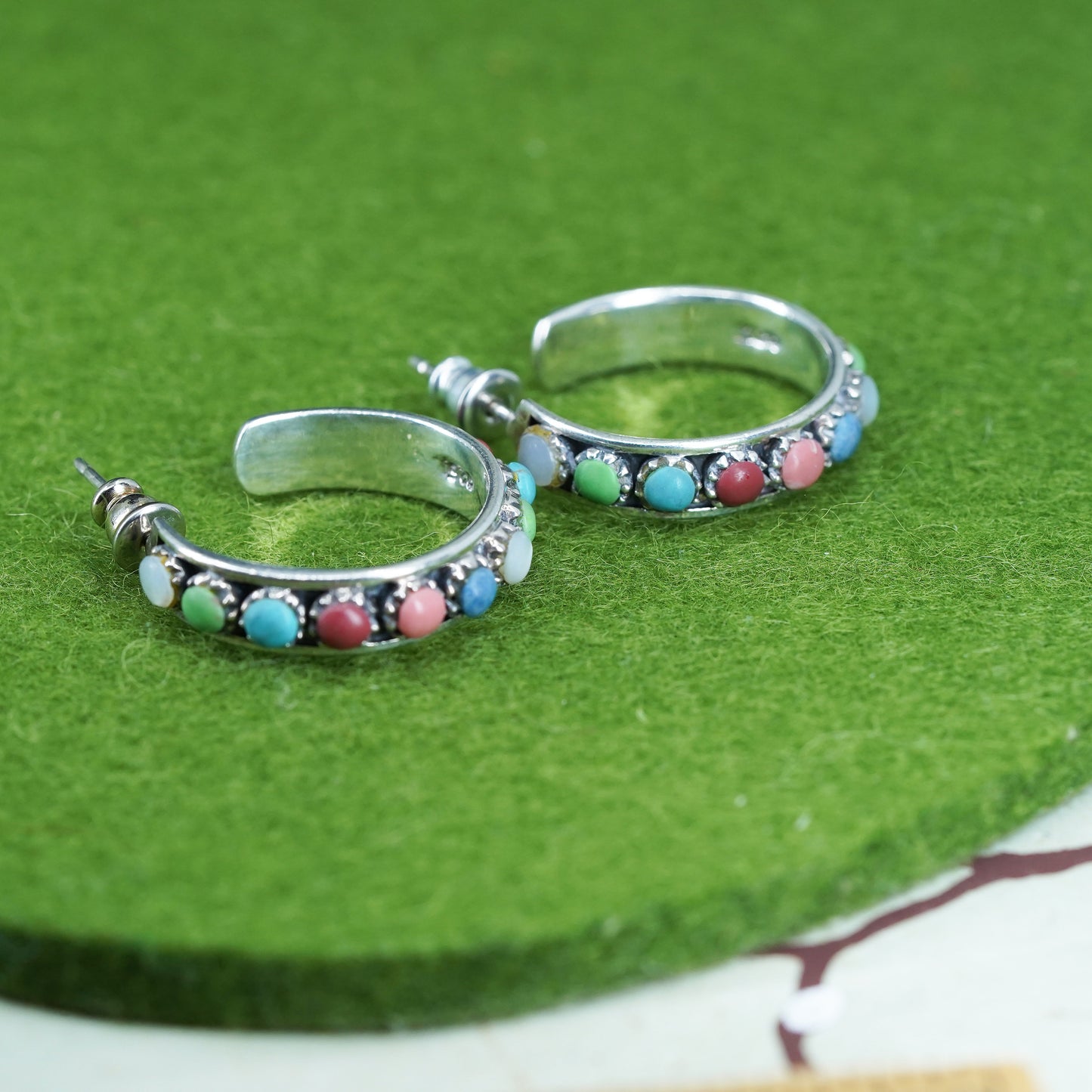 1”, southwestern Sterling 925 silver huggie hoops earrings turquoise obsidian