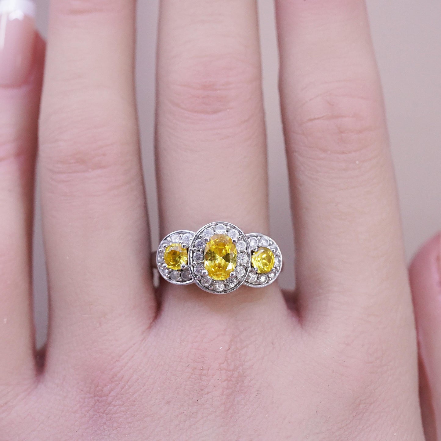 Size 8, VTG Sterling Silver 925 Yellow Citrine Ring, Three Stone Oval Halo Ring