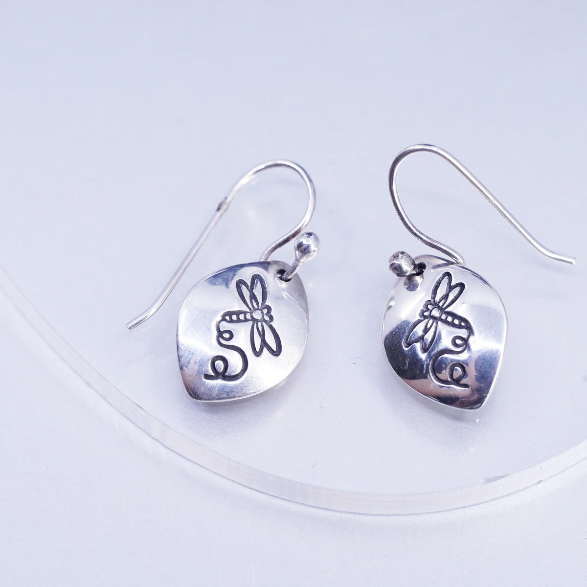 Vintage Sterling 925 silver handmade dragonfly embossed tag earrings