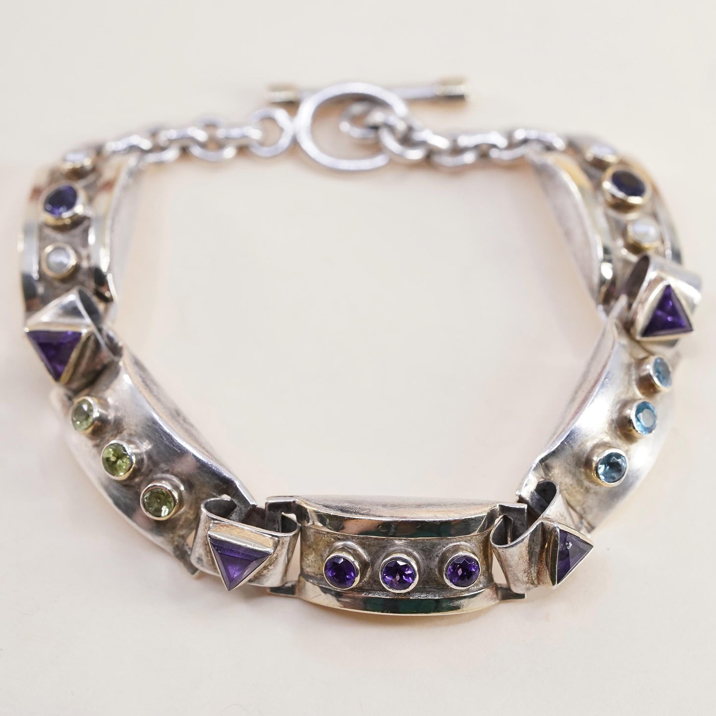 6.75” Sterling 925 Silver 14K Gold Multi Gemstone Bracelet Amethyst Topaz Pearl