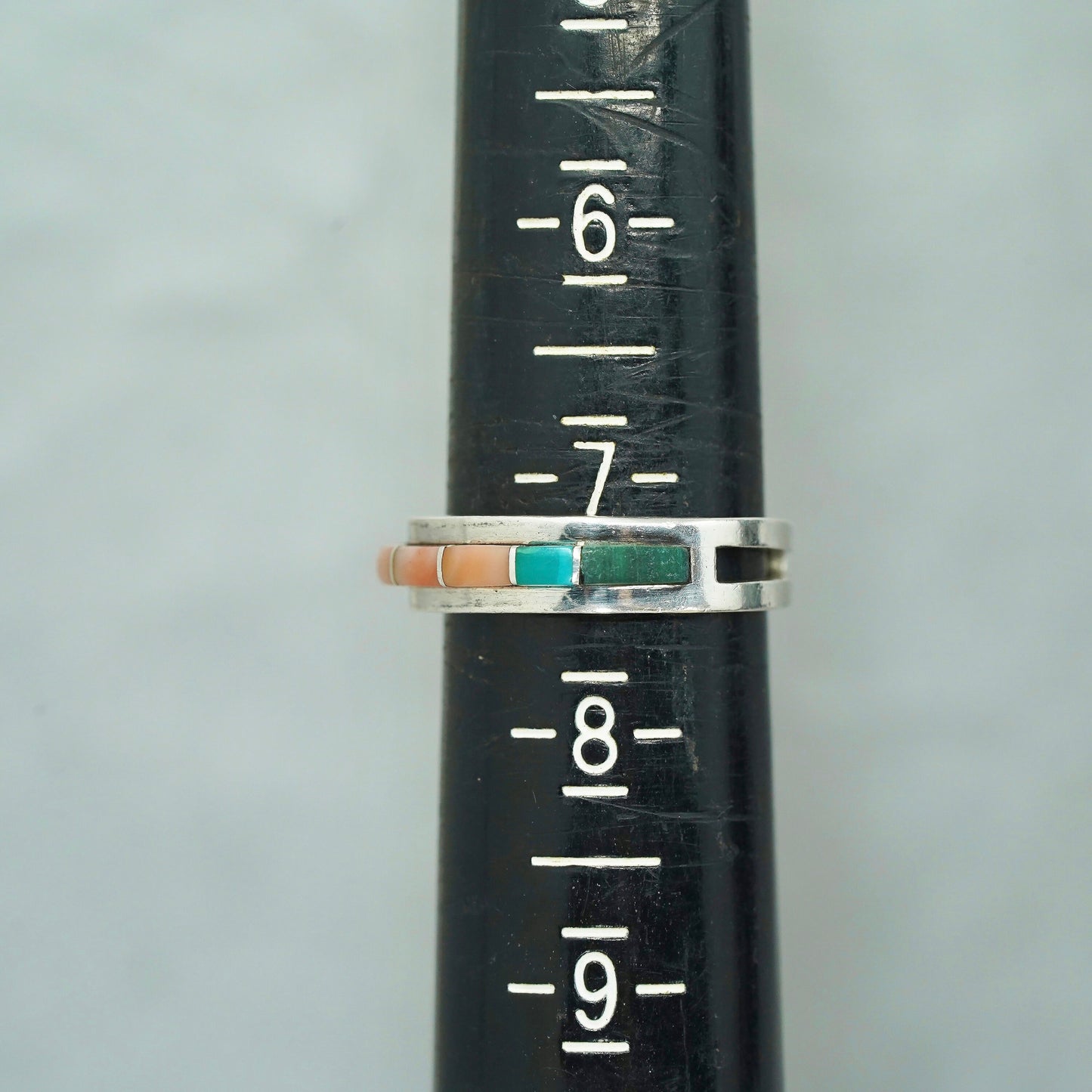 Size 7, Native American navajo Sterling 925 silver band ring turquoise coral