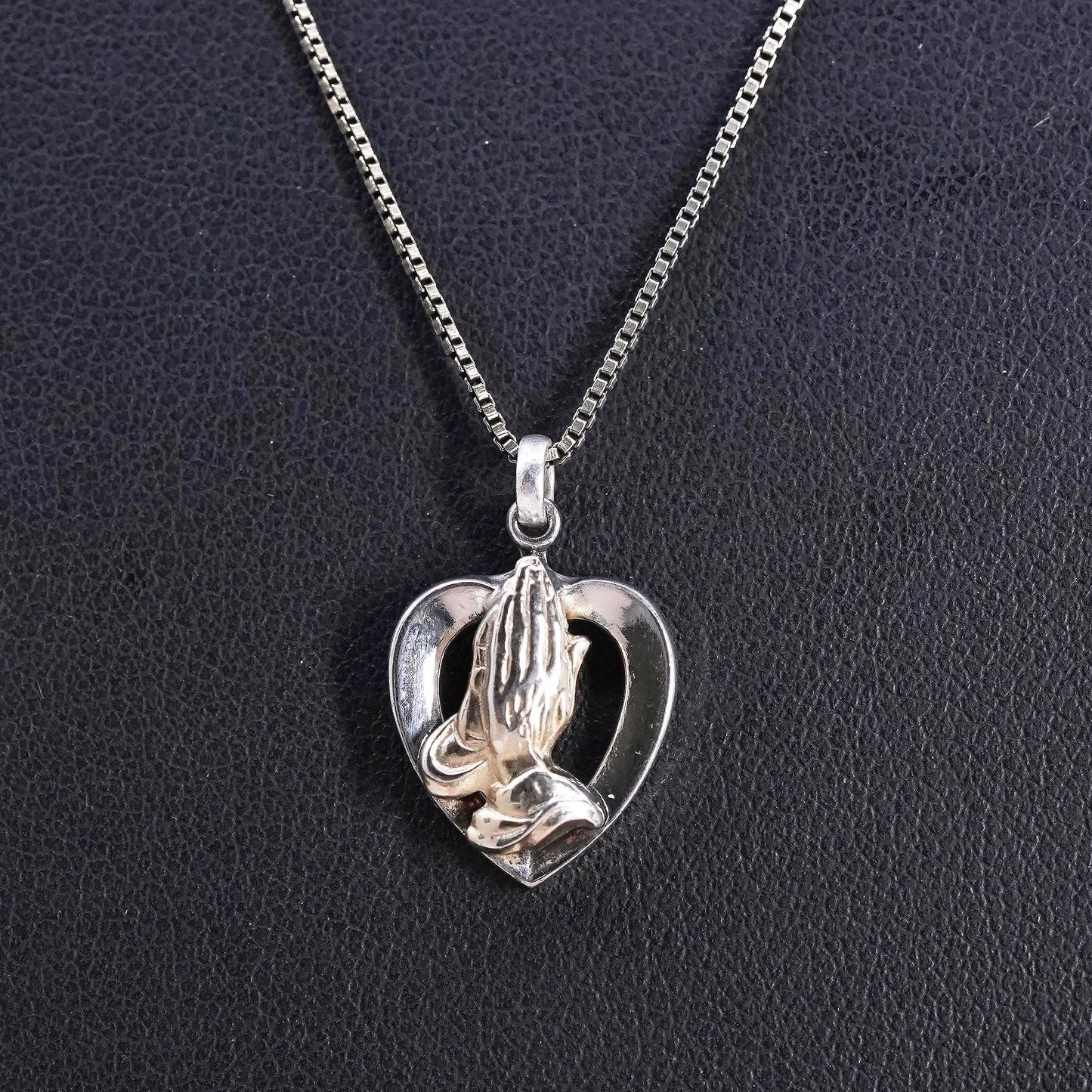 19", two tone Sterling silver necklace, 925 chain heart pendant prayer’s hands