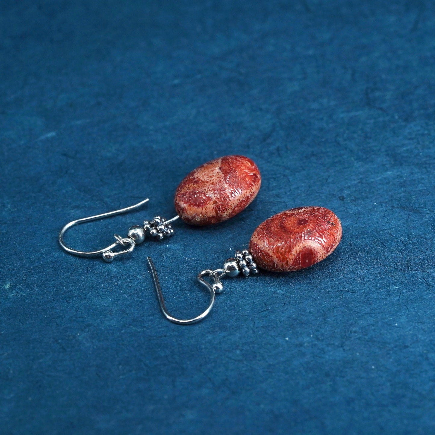 Sterling silver handmade earrings, 925 hooks with natural red coral dangles