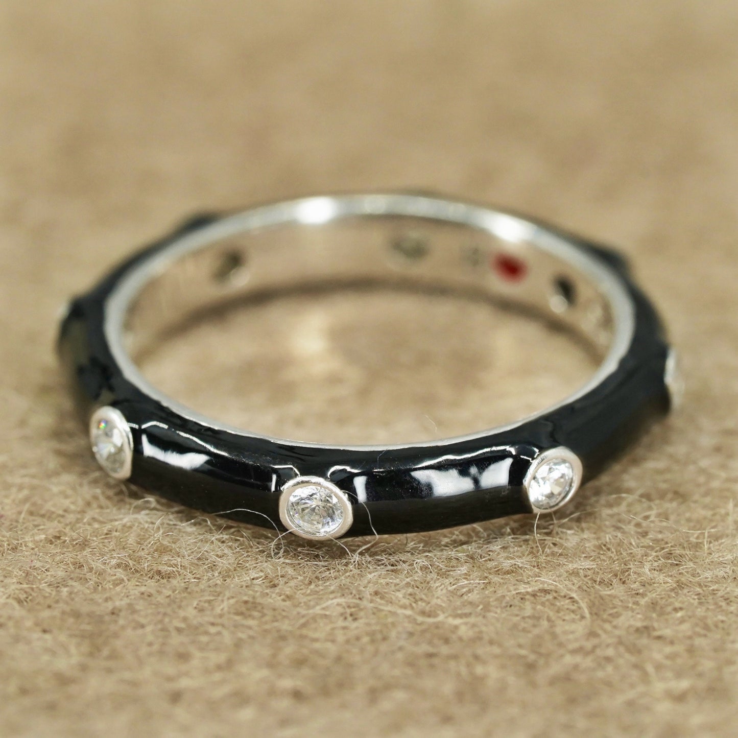 Size 7.25, vintage Sterling 925 silver handmade ring, black enamel band with cz