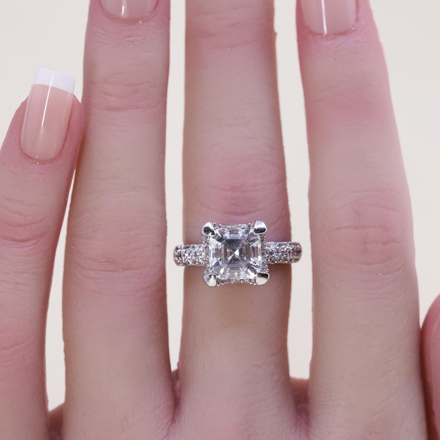 Size 7, Sterling silver ring, 925 silver round cut crystal and CZ cluster ring