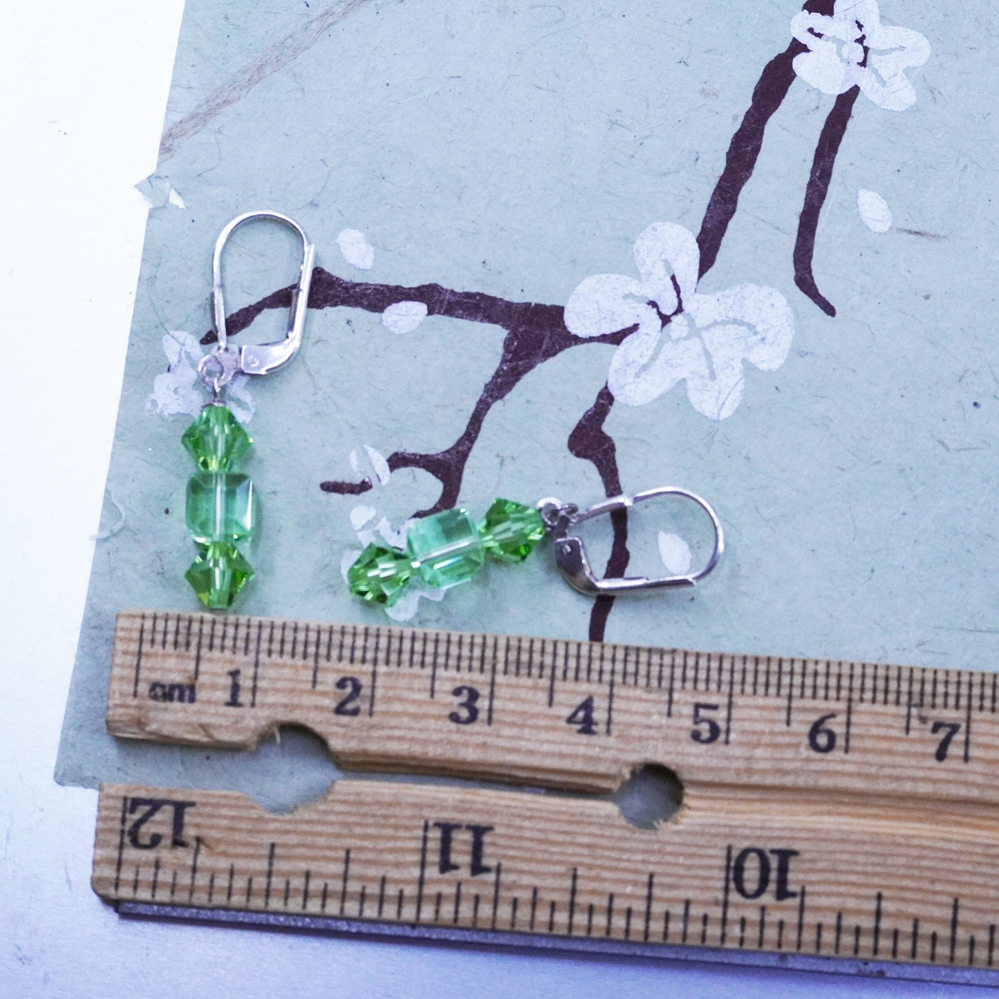 Vintage sterling silver handmade earrings, 925 silver with green crystal drops