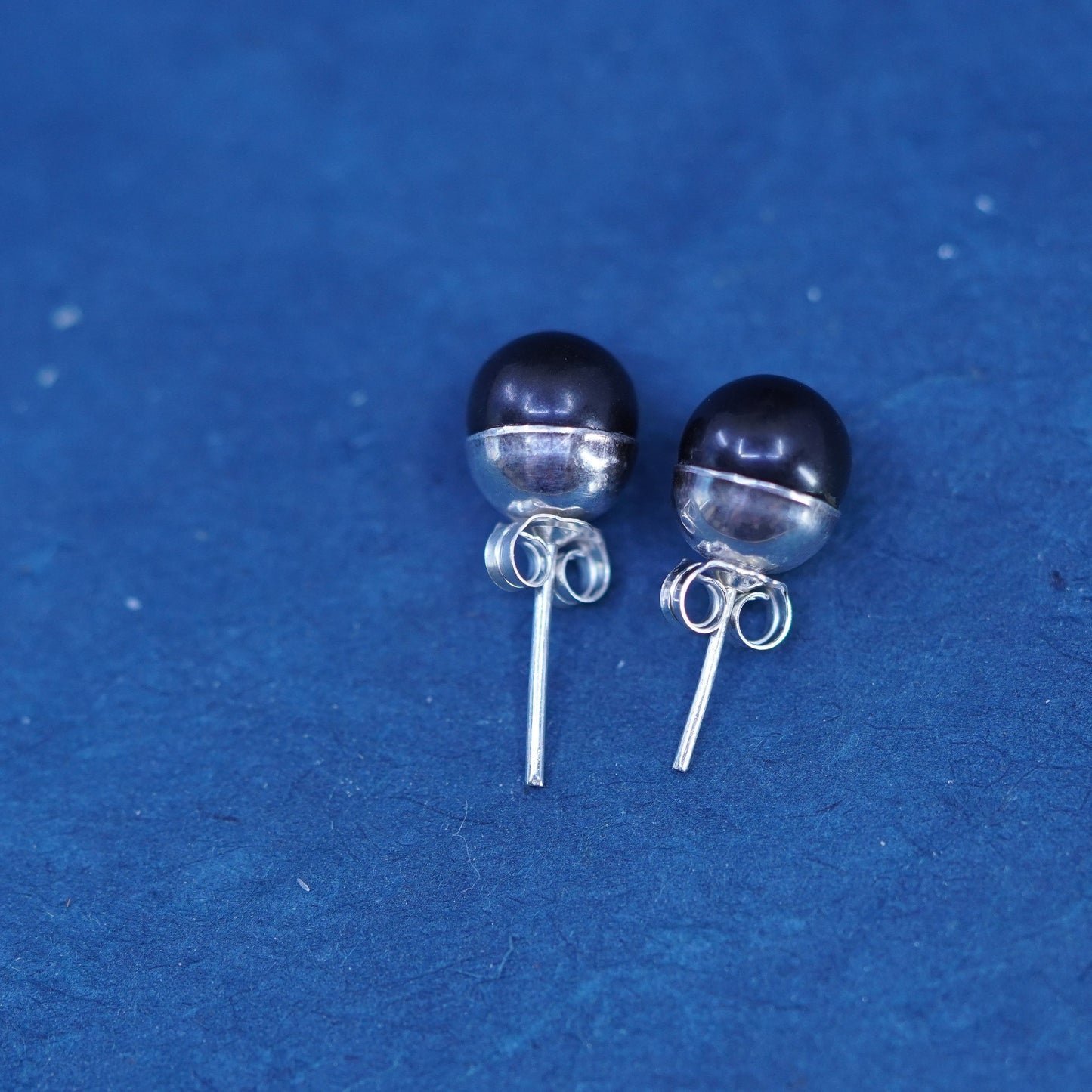 Vintage sterling silver handmade earrings, 925 studs with obsidian inlay