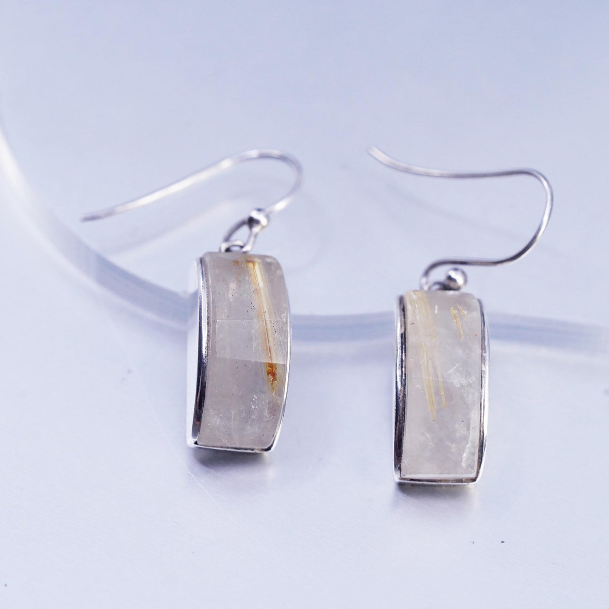 Vintage Modern Golden Rutilated Quartz Earrings, Sterling Silver 925 Dangles