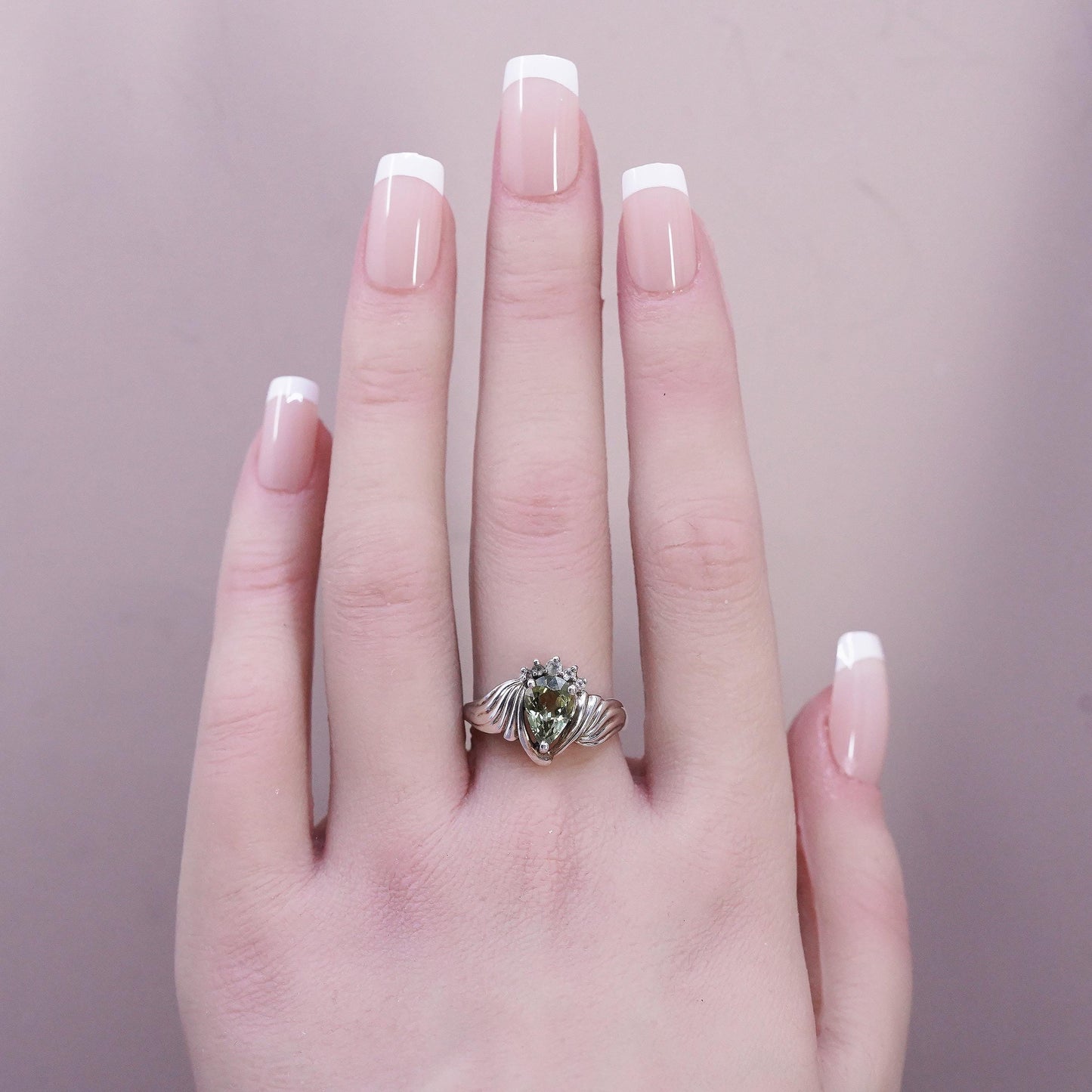 Size 8.25, vintage Sterling silver 925 handmade ring with teardrop peridot cz