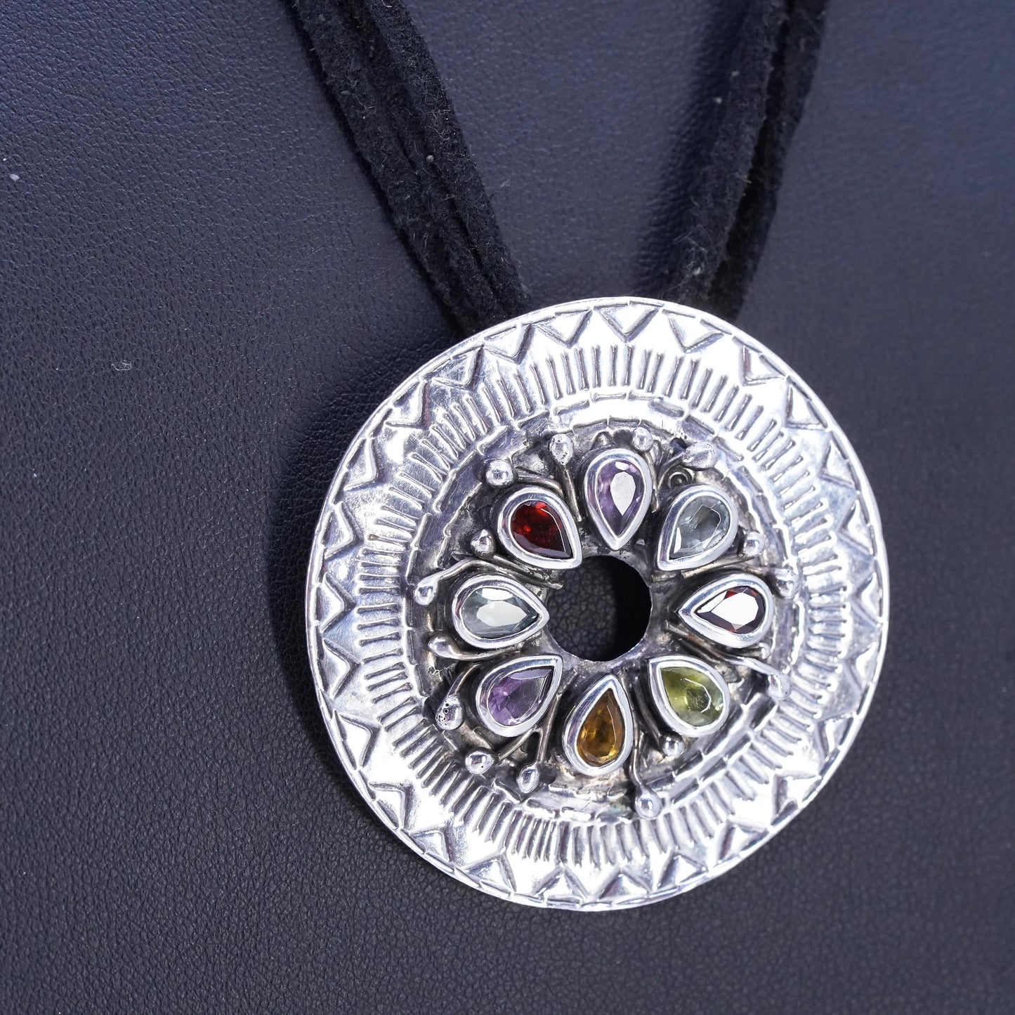 18", 925 Sterling Silver multi strands leather Necklace, disc pendant gemstones