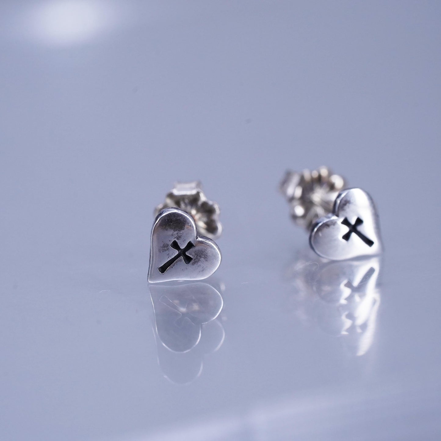 Vintage Sterling 925 silver handmade heart earrings, studs with cross embossed