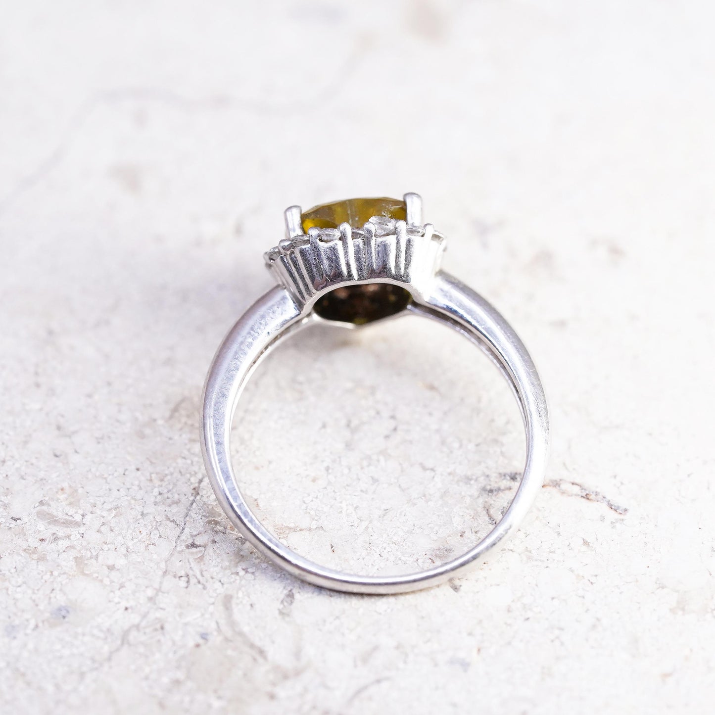 Size 7, VTG 925 Sterling Silver Heart Cut Yellow Citrine Halo Ring, Heart Ring