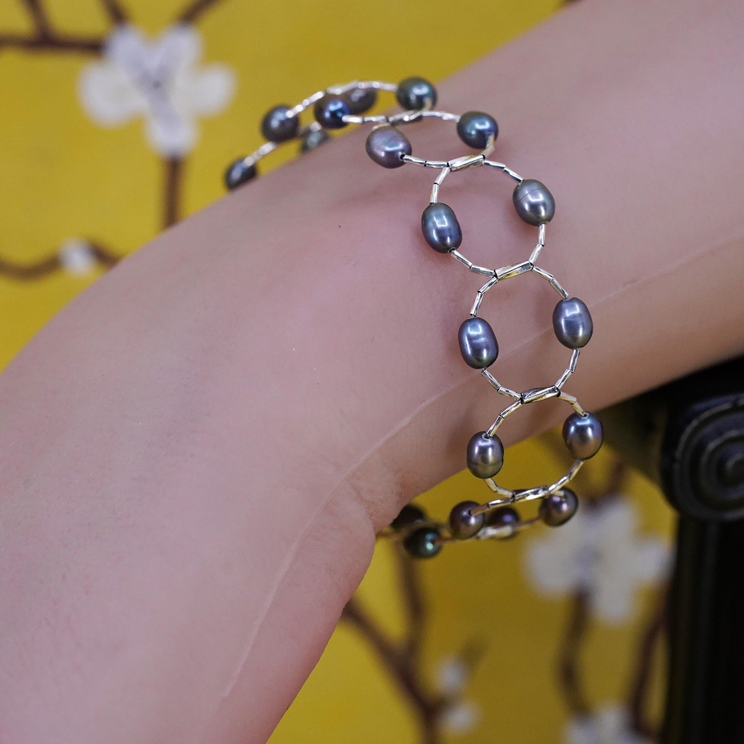 7" Vintage handmade genuine black pearl beads bracelet, sterling 925 silver