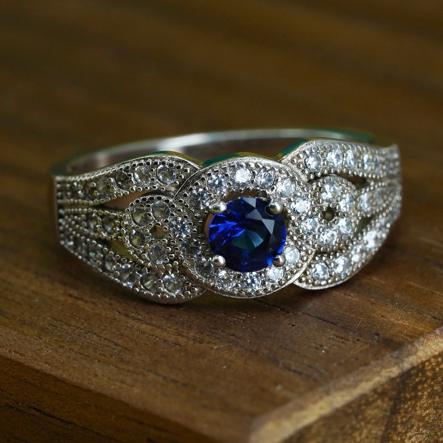 Size 8, vintage Sterling silver handmade ring, 925 band with sapphire clear Cz