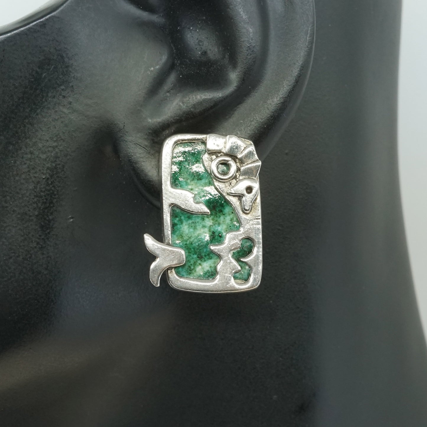 Native American handmade 925 Sterling silver earrings w/ green enamel n bird