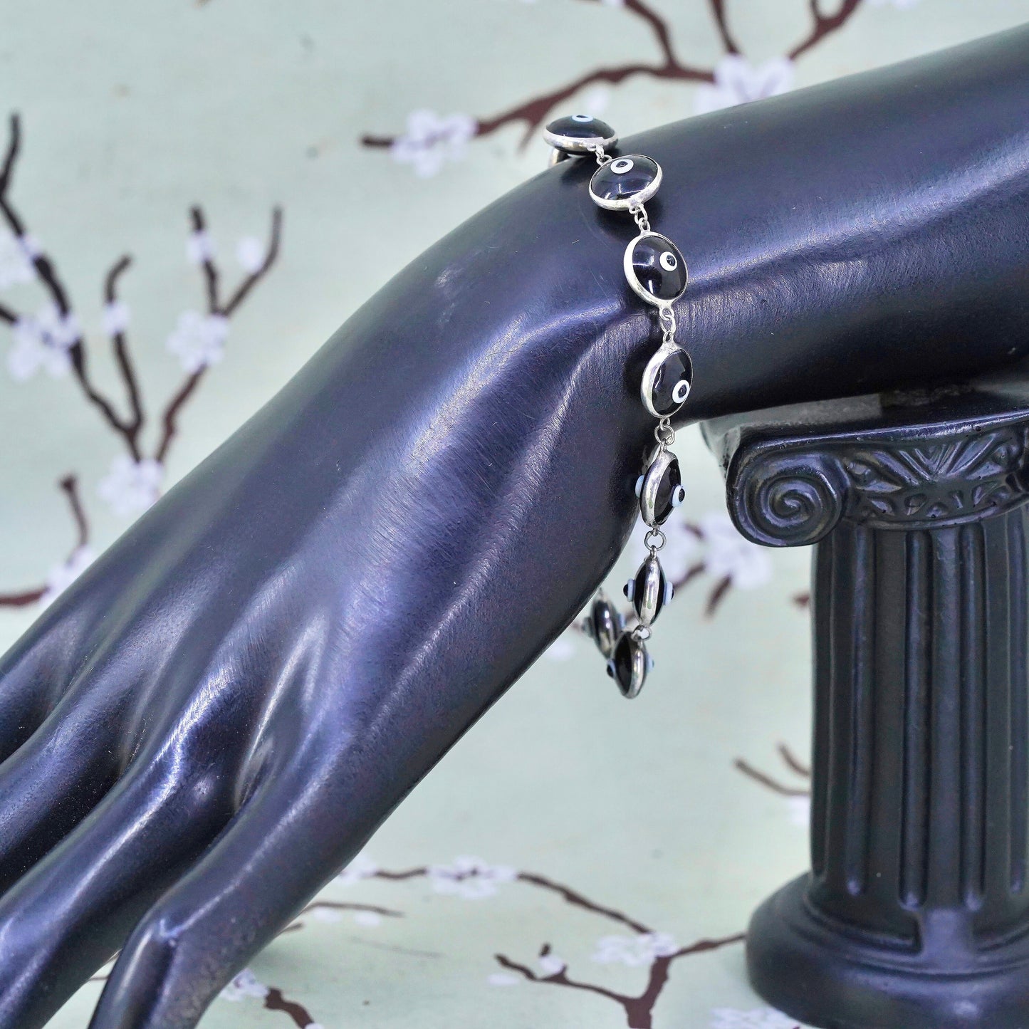 6.75”, vintage handmade sterling silver bracelet, black glass evil eye beads