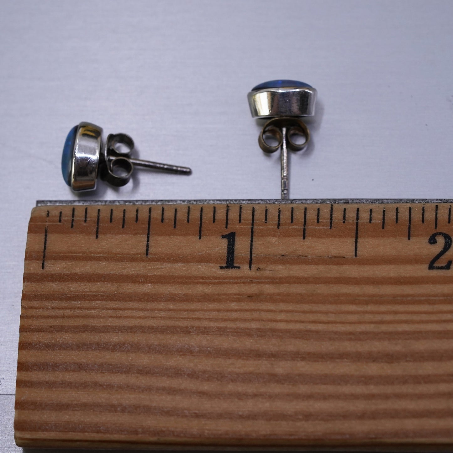 vintage Sterling silver handmade earrings, 925 studs with blue opal inlay