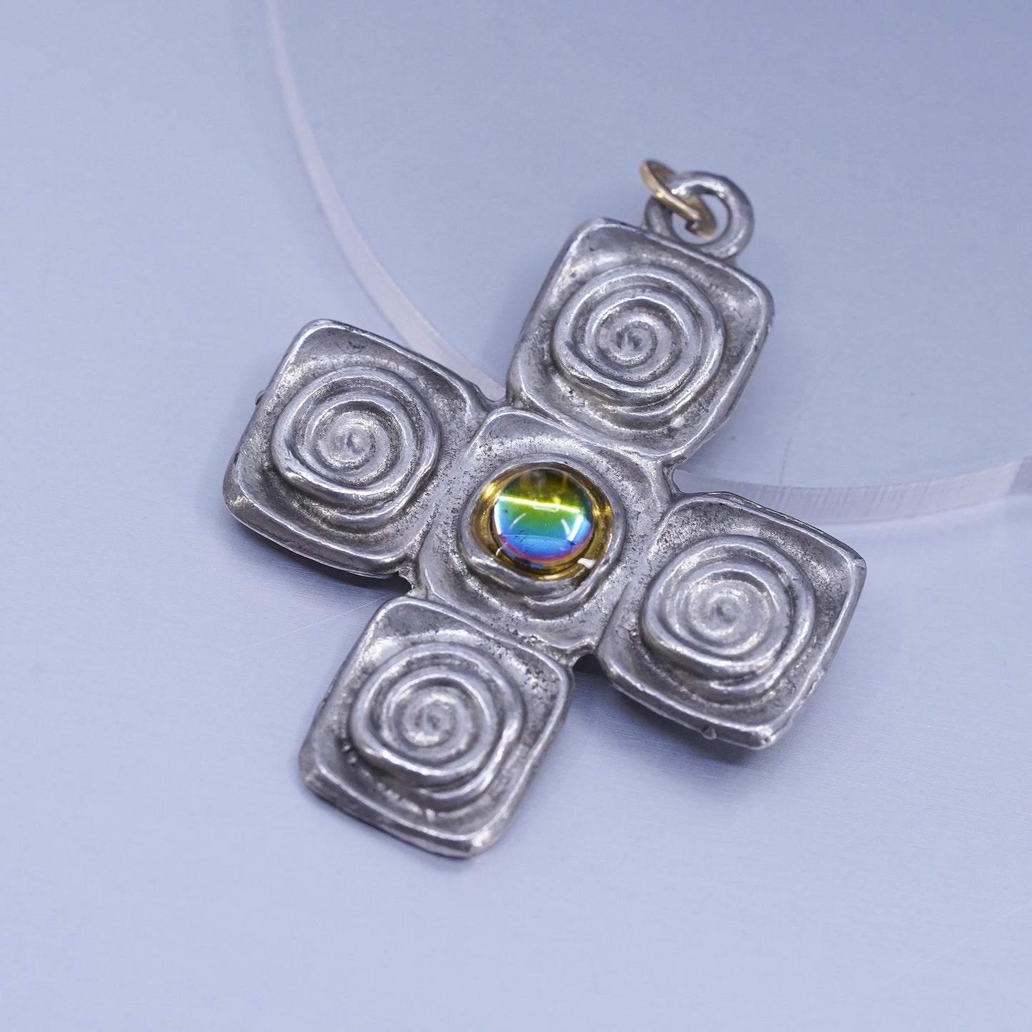 Vintage sterling 925 silver handmade cross pendant with glass bead