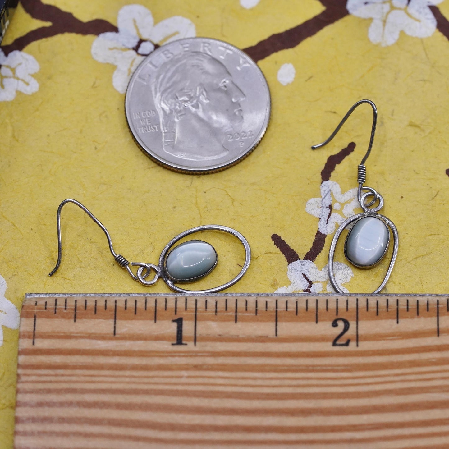 Vintage Sterling 925 silver handmade earrings with white cat's eye drops