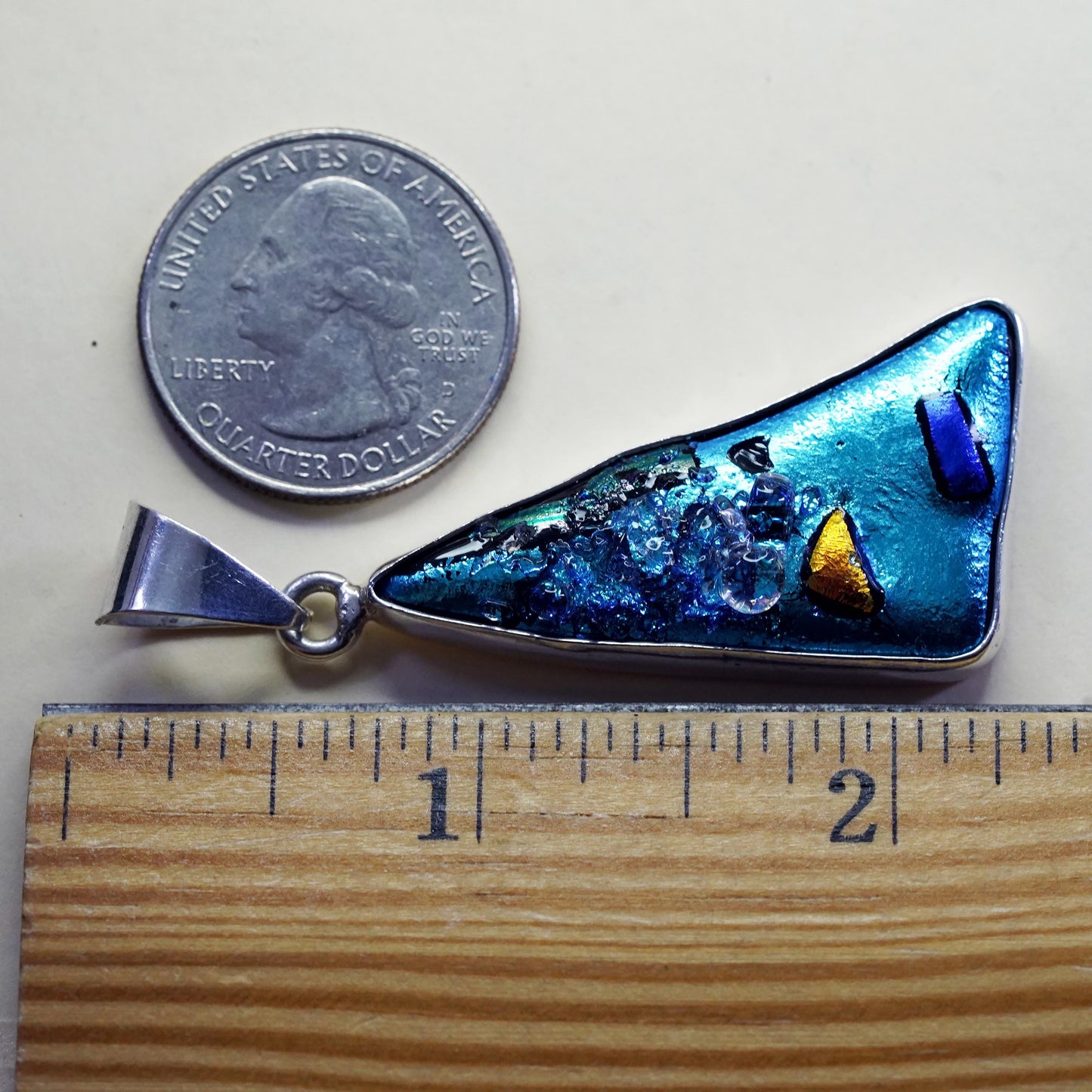 sterling 925 silver with blue metallic dichroic foiled glass triangle pendant