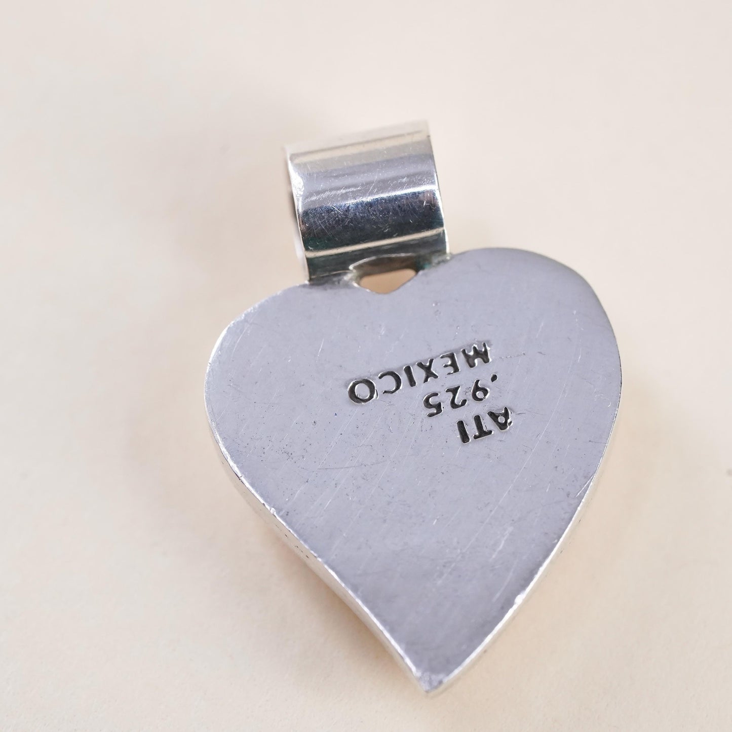 vintage handmade sterling silver heart pendant, Mexican ATI 925 with pink agate