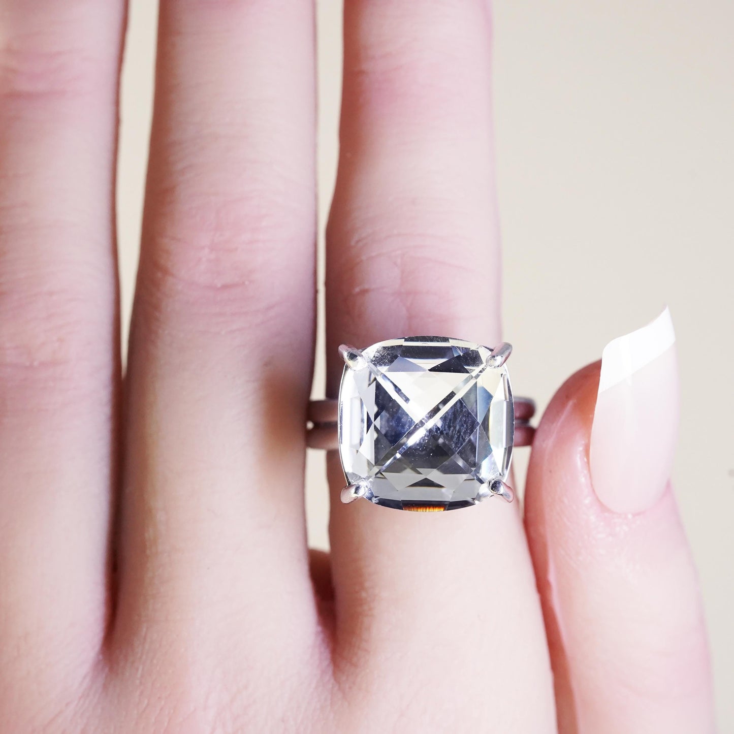 Size 8.25, Vintage Sterling 925 silver statement ring with cushion cut cz