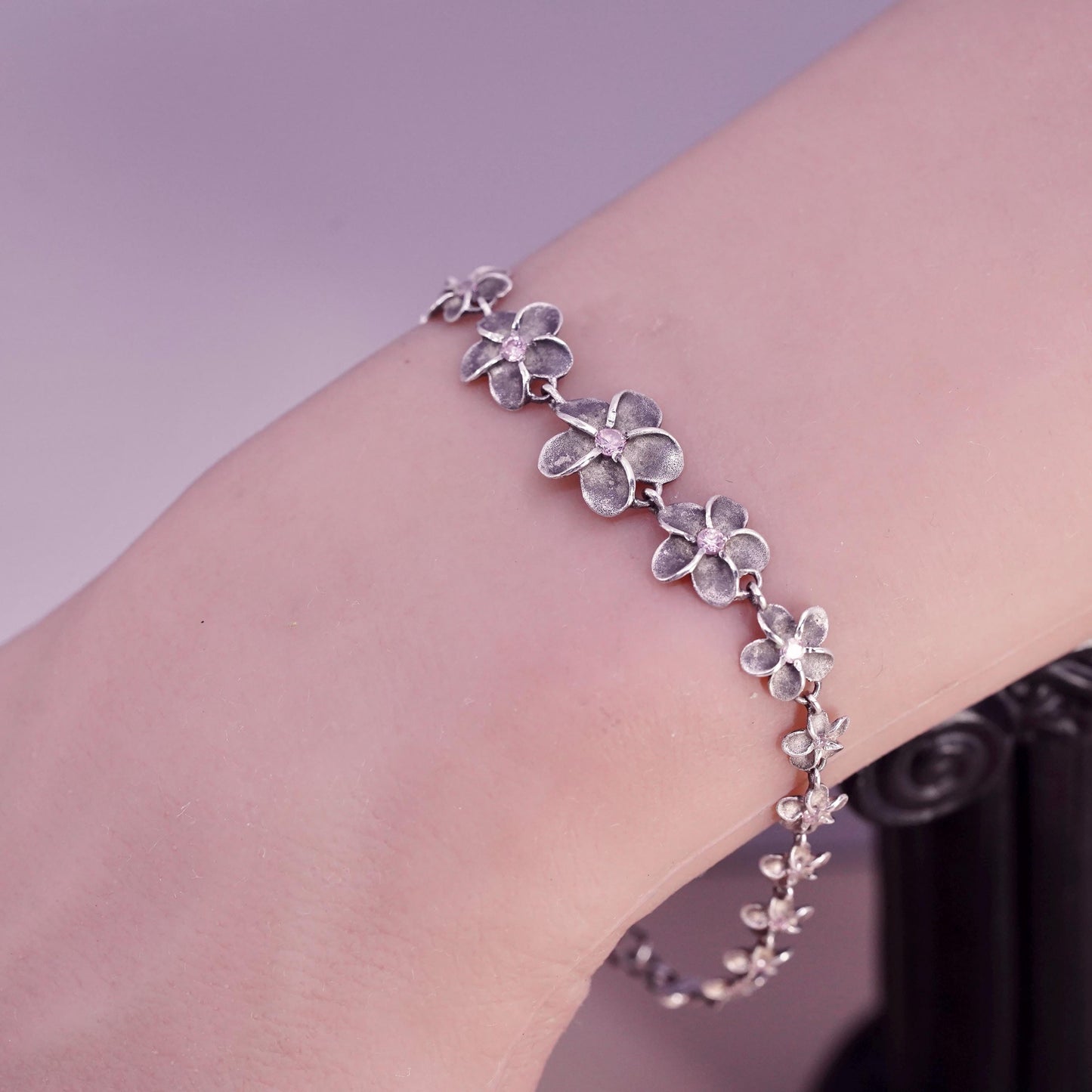 7.25", Sterling silver bracelet, solid 925 plumeria flower pink cz