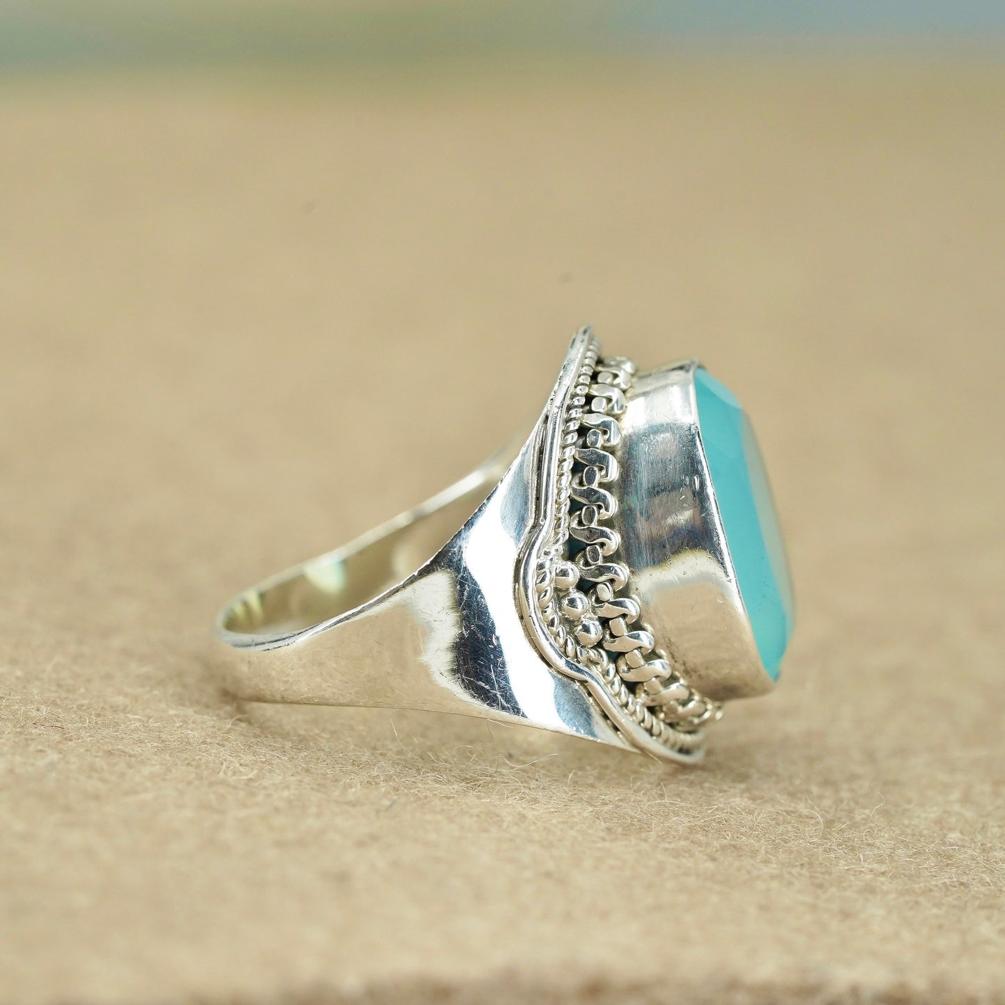 Size 10.25, vintage Sterling 925 silver handmade ring with Chalcedony