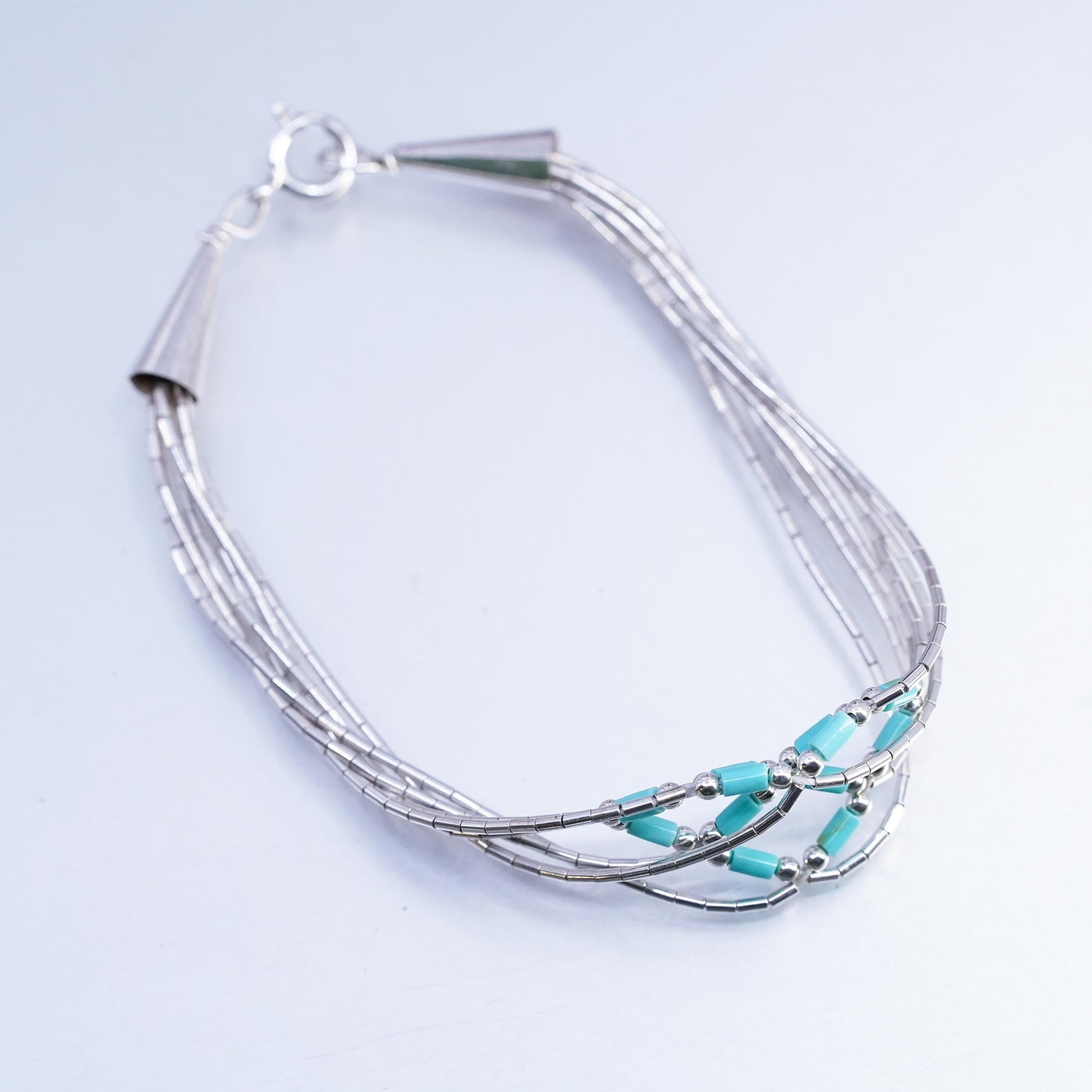 7.25”, Sterling 925 silver handmade bracelet, woven liquid chain with turquoise