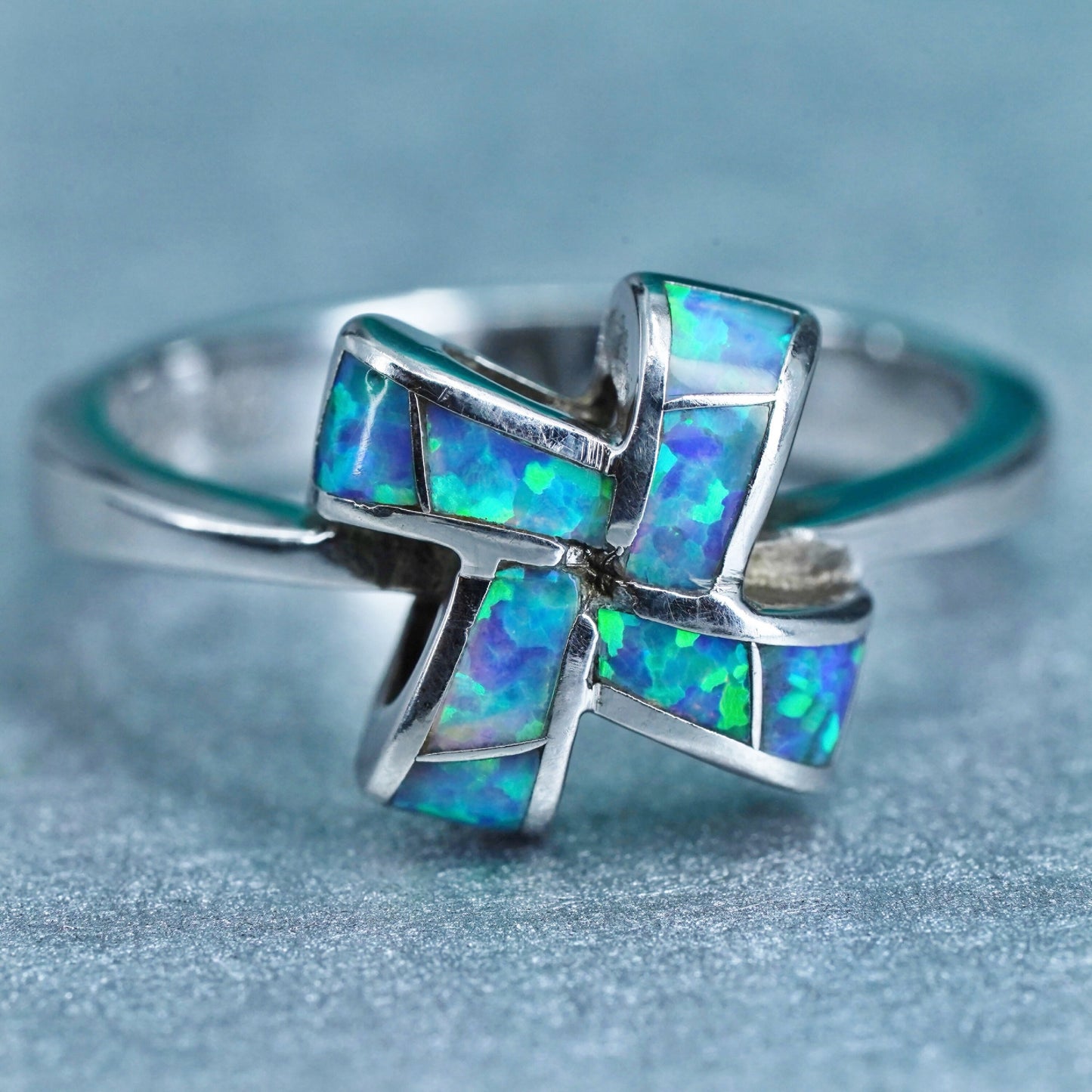 Size 7, vintage Sterling 925 silver handmade ring with opal inlay