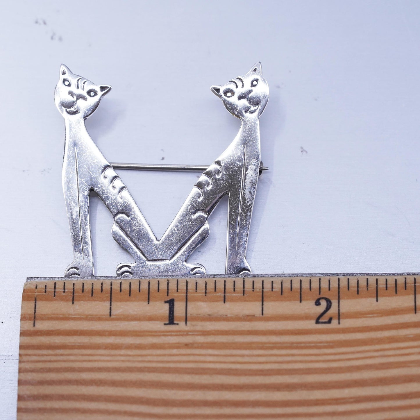 Vintage sterling silver handmade brooch, 925 letter M kitty cat pin
