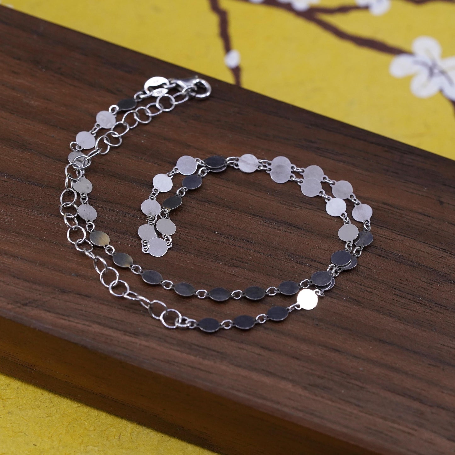 11+3", vintage Sterling silver necklace, 925 flatten circle discs link chain