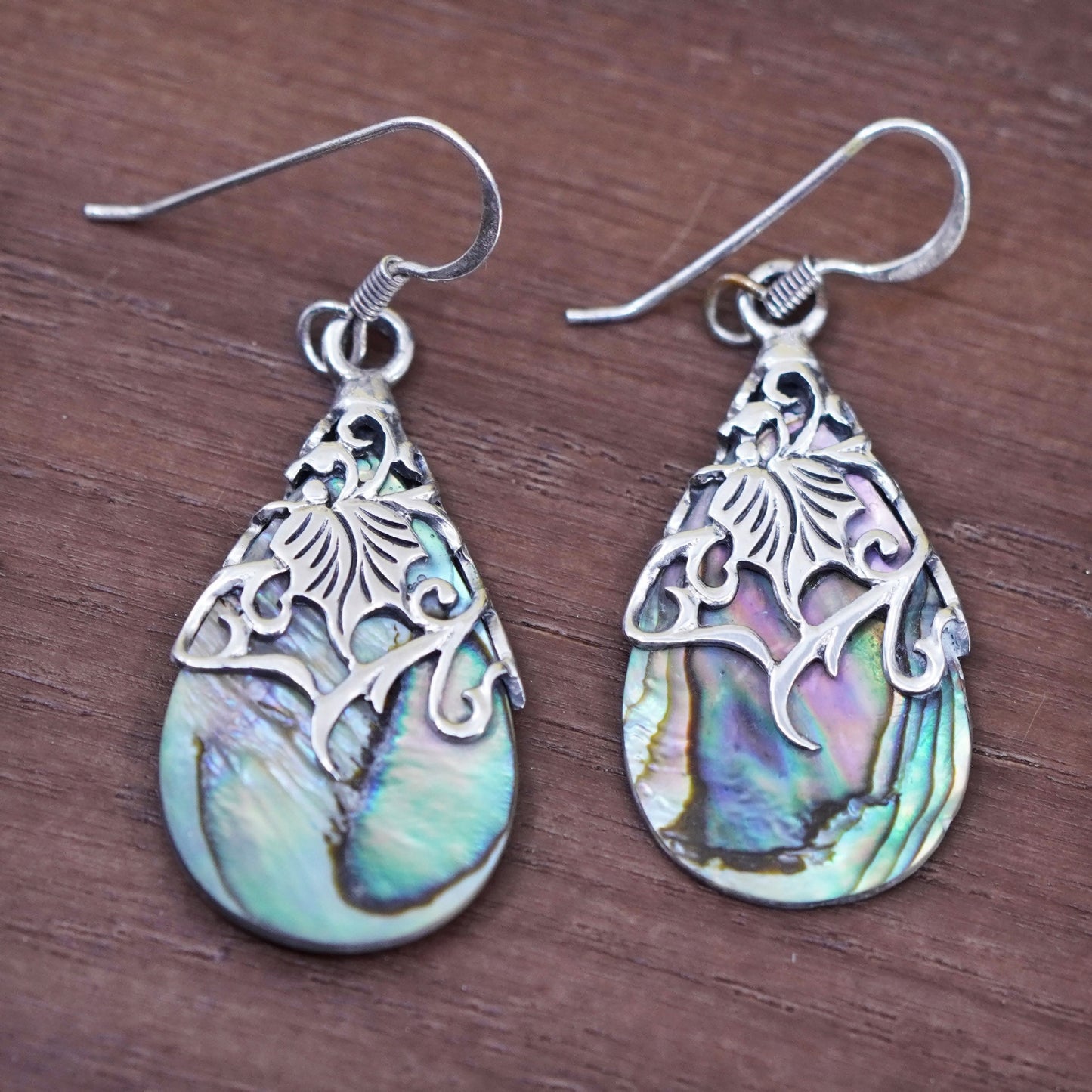 Vintage Sterling 925 silver handmade earrings with teardrop shaped abalone