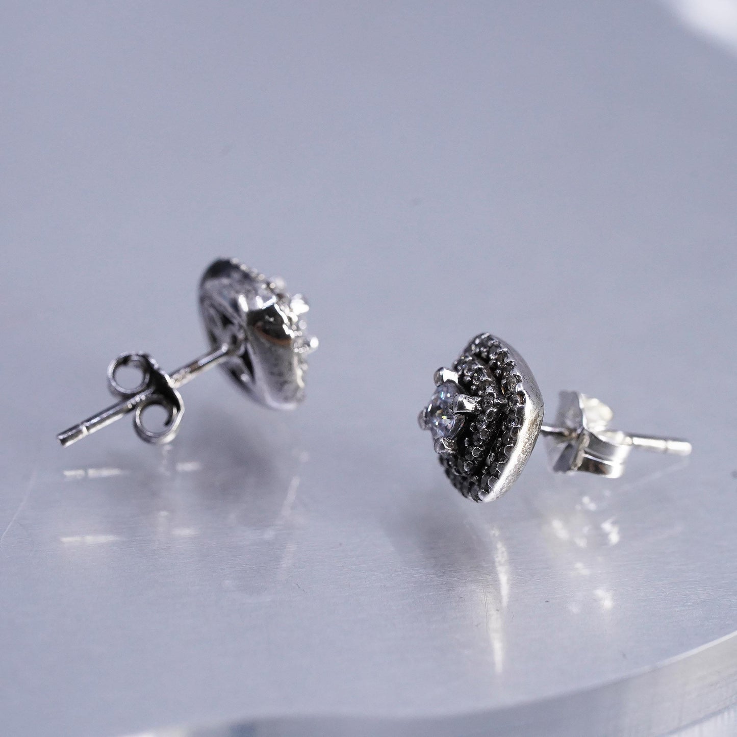 Vintage Sterling 925 silver handmade earrings, square studs with cluster Cz