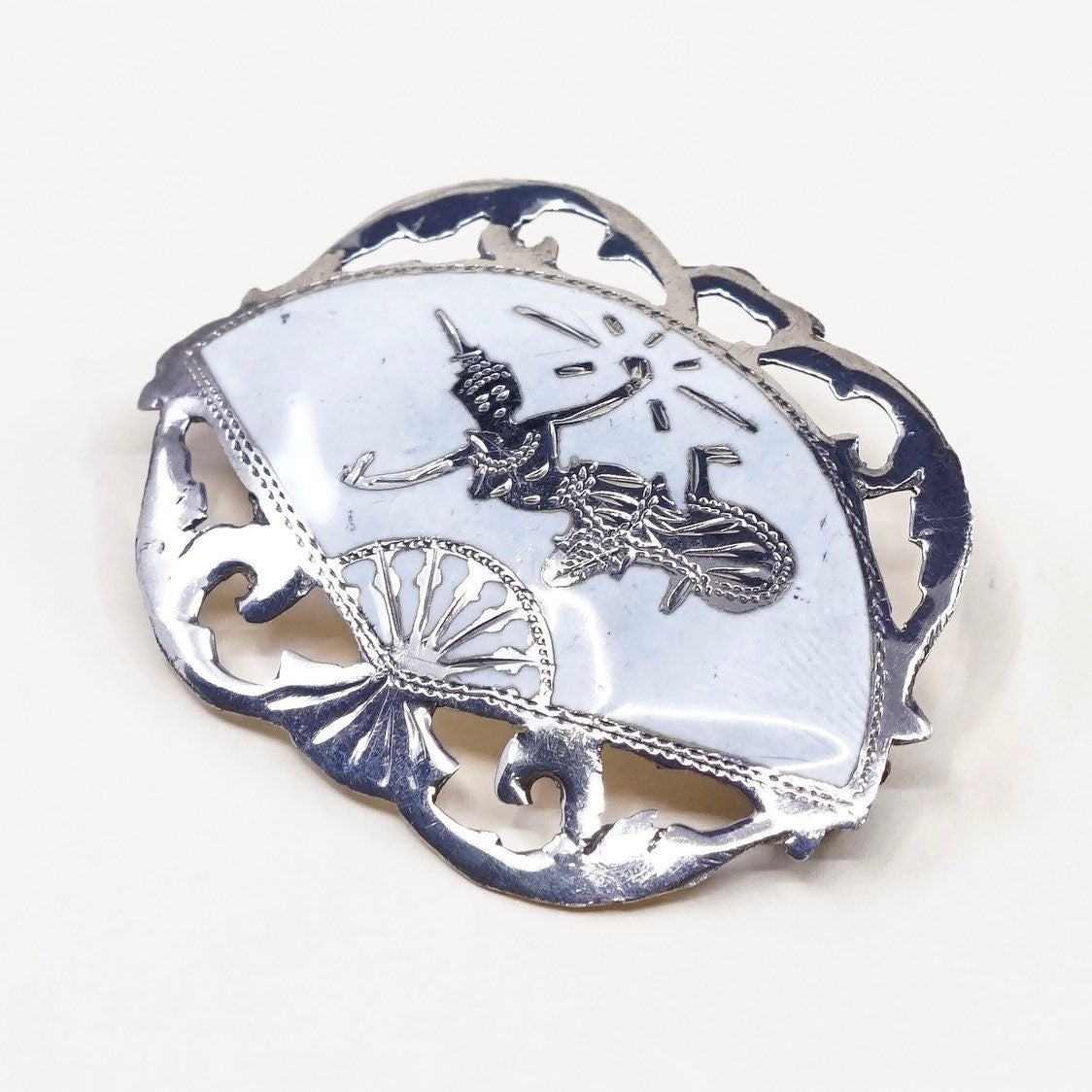 Vintage sterling silver handmade brooch, Indian 925 silver goddess, stamped Siam sterling