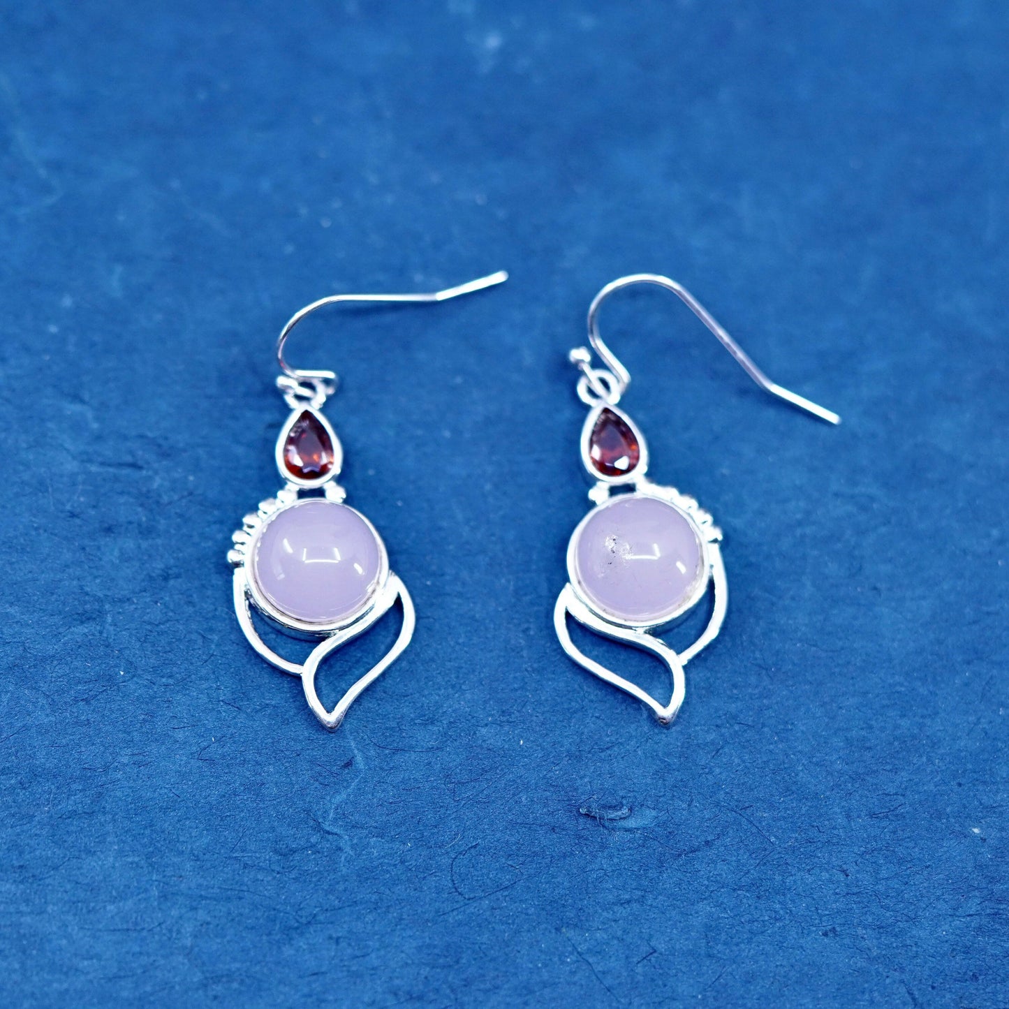 Vintage Sterling 925 silver handmade earrings with pink rose quartz and ruby