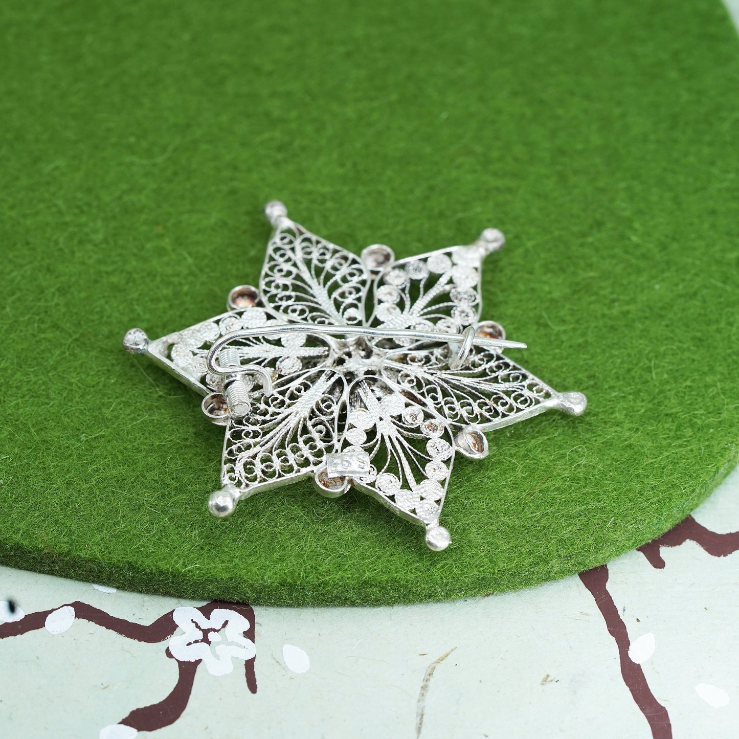 Vintage sterling silver handmade brooch, 925 filigree snowflake pin