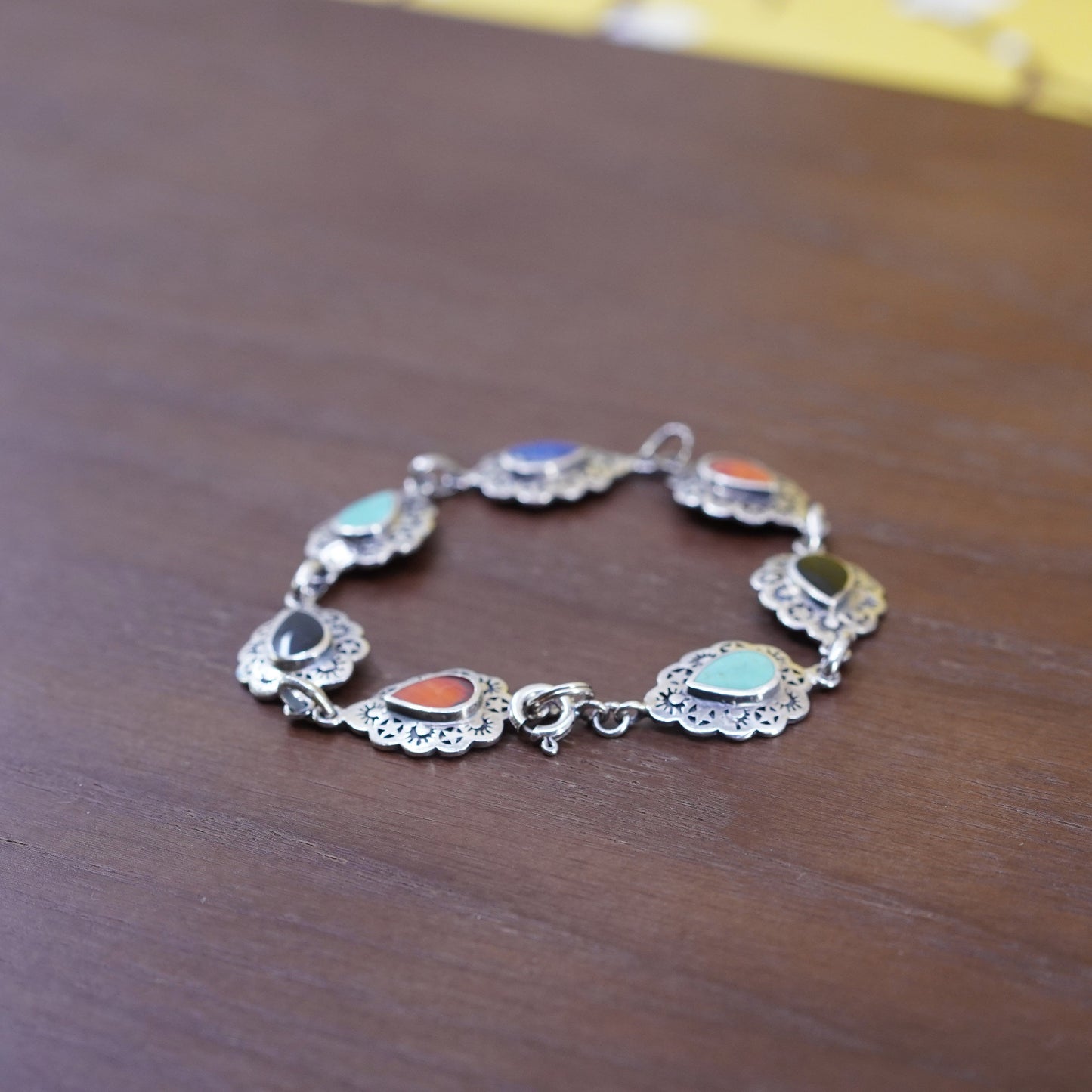 6”, Carolyn Pollack Sterling 925 silver teardrop bracelet lapis onyx carnelian