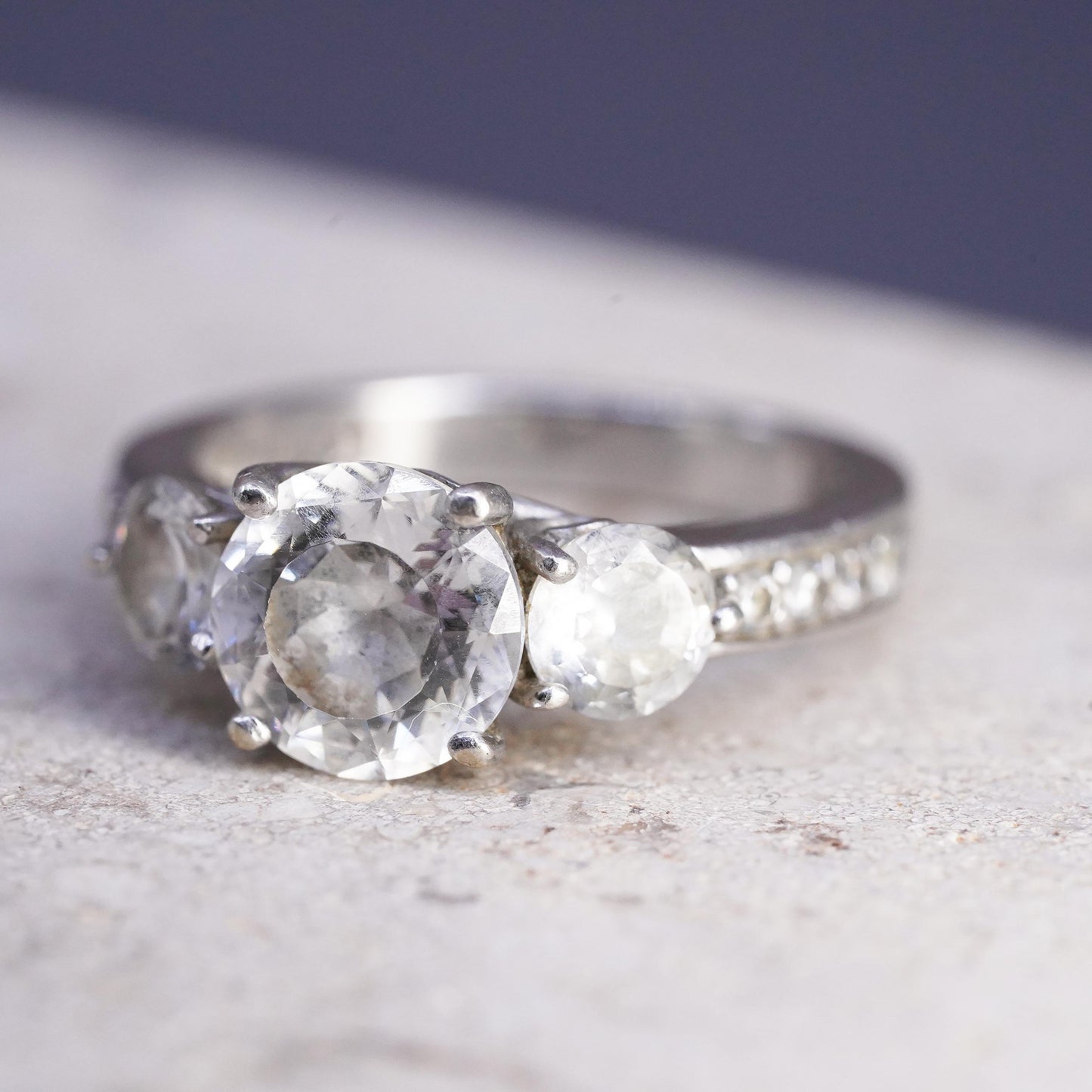 Size 6, vintage Sterling 925 silver engagement ring with cluster Cz around