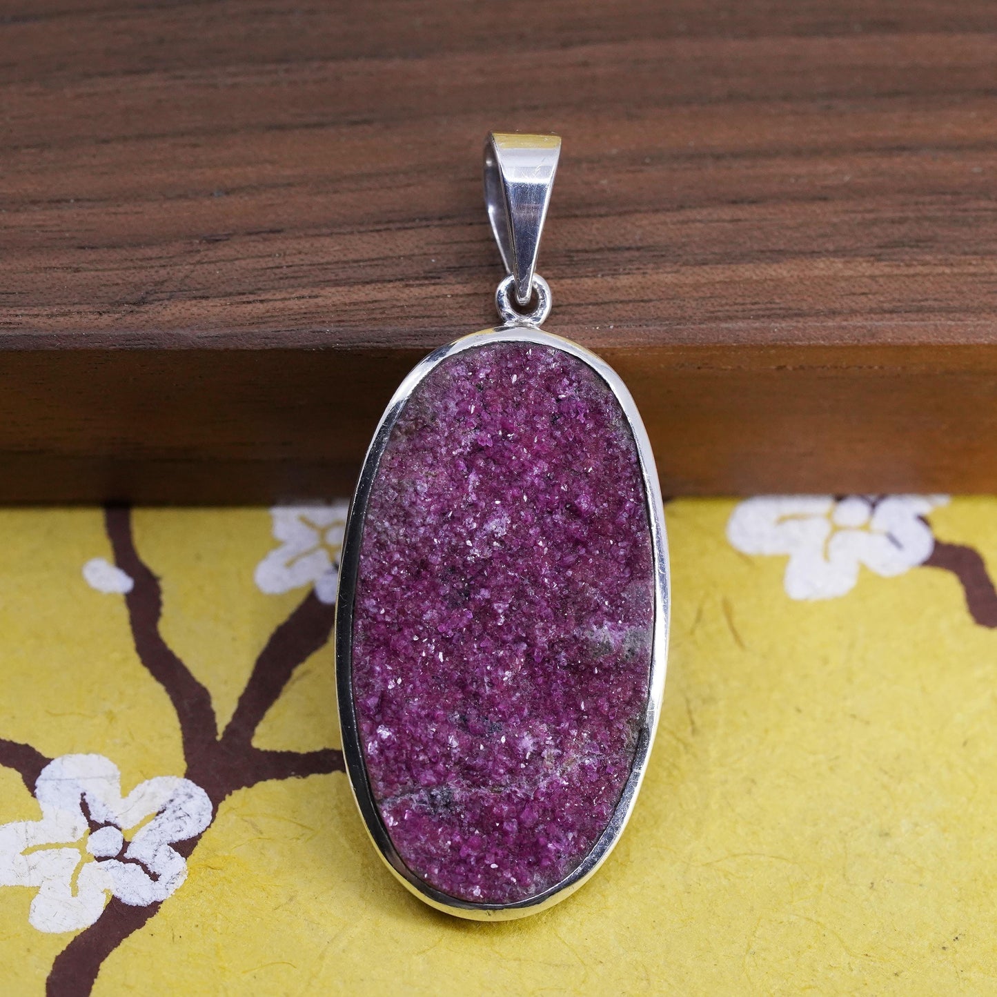 Vintage Sterling silver handmade pendant, 925 oval with rose pink druzy stone